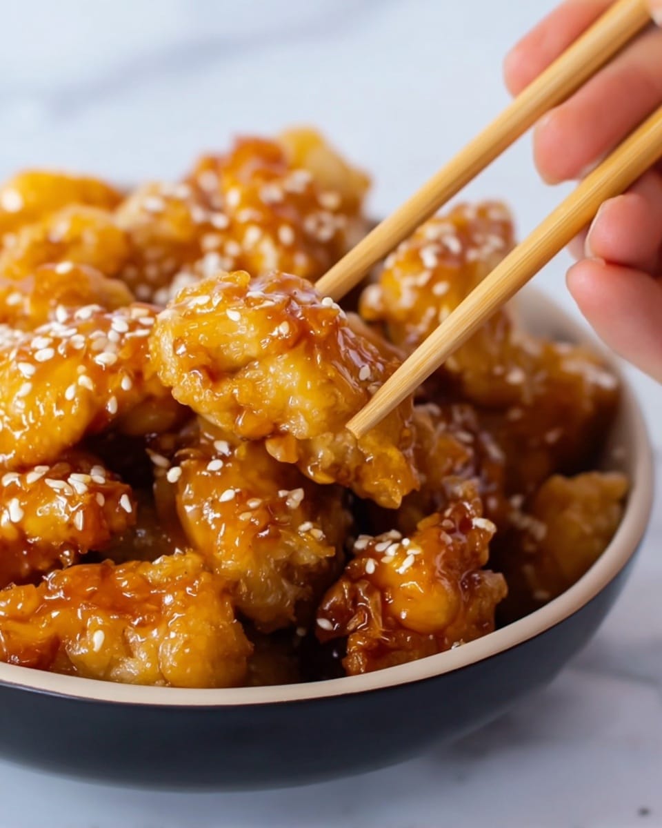 A white round bowl filled with many pieces of golden brown fried chicken coated in a shiny sauce, topped with small white sesame seeds spread evenly all over. The chicken pieces have a crispy texture with some parts appearing slightly darker, showing a cooked crust. The bowl sits on a brown cloth napkin placed on a white marbled surface. To the left of the bowl, there are fresh green onions with white bulbs lying on the cloth. On the right side, a pair of wooden chopsticks with red markings rest on the white marbled surface near the bowl photo taken with an iphone --ar 4:5 --v 7