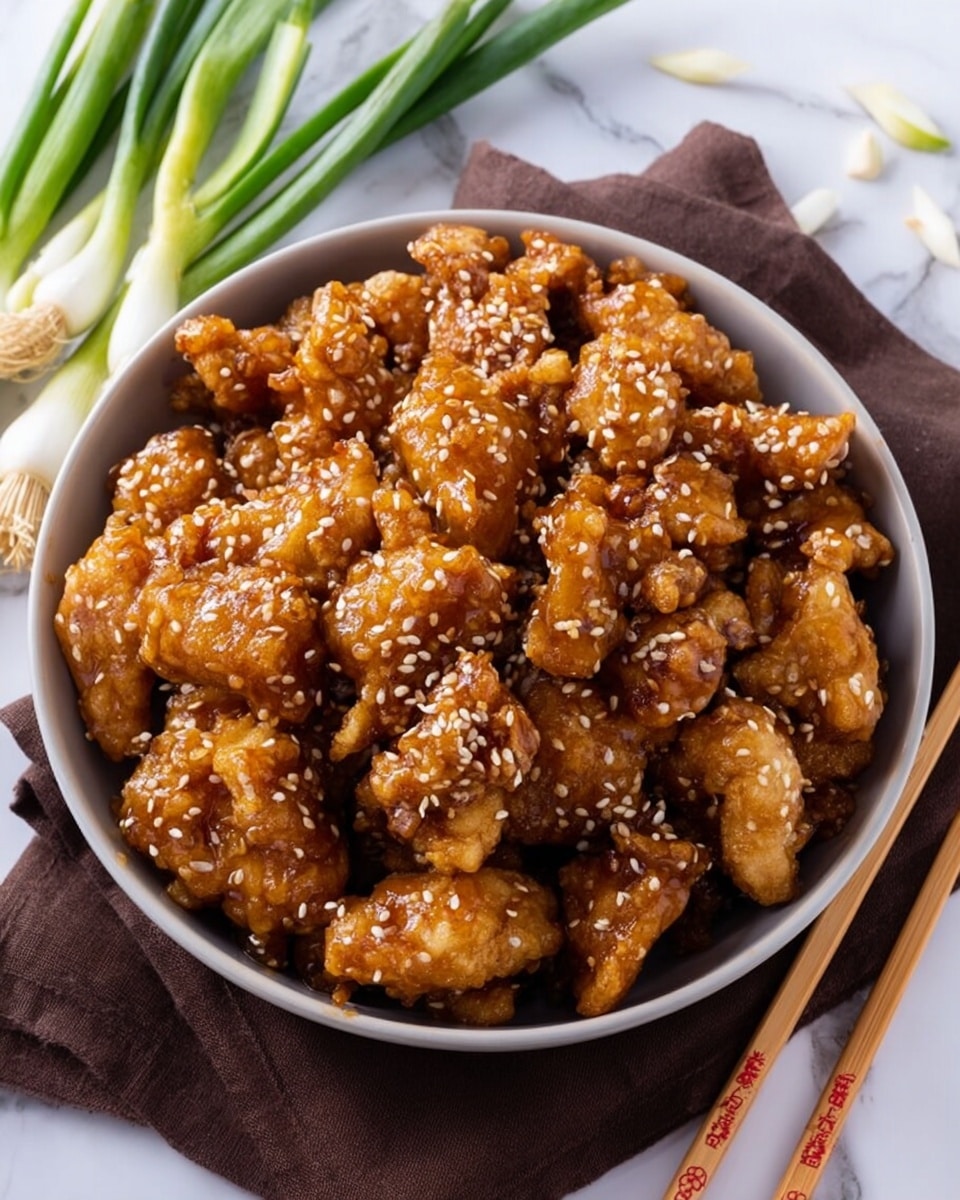 A close-up shot shows crispy golden-brown pieces coated in a sticky, shiny orange sauce, sprinkled with small white sesame seeds. The fried pieces have a crispy rough texture, while the sauce appears thick and glossy. Two light wooden chopsticks held by a woman's hand pick up one piece from a white bowl filled with many similar sauced pieces. The background surface is white marble, adding a clean, bright look to the image. photo taken with an iphone --ar 4:5 --v 7