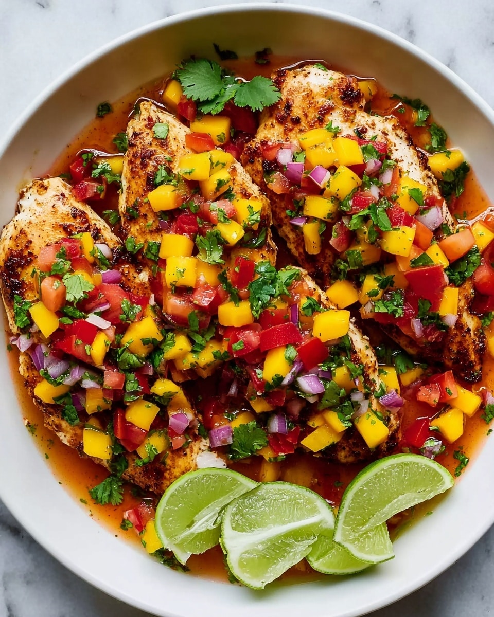 A white bowl filled with three pieces of grilled chicken breasts as the main layer, each topped with a colorful mix of diced yellow mango, red tomato, and purple onion pieces scattered evenly across the dish. Bright green cilantro leaves are spread on top and around the chicken, adding fresh texture. The chicken and salsa sit in a light reddish sauce that pools in the bowl, with quarter lime wedges arranged along the right side. The whole dish sits on a white marbled surface, creating a fresh and vibrant look. Photo taken with an iphone --ar 4:5 --v 7