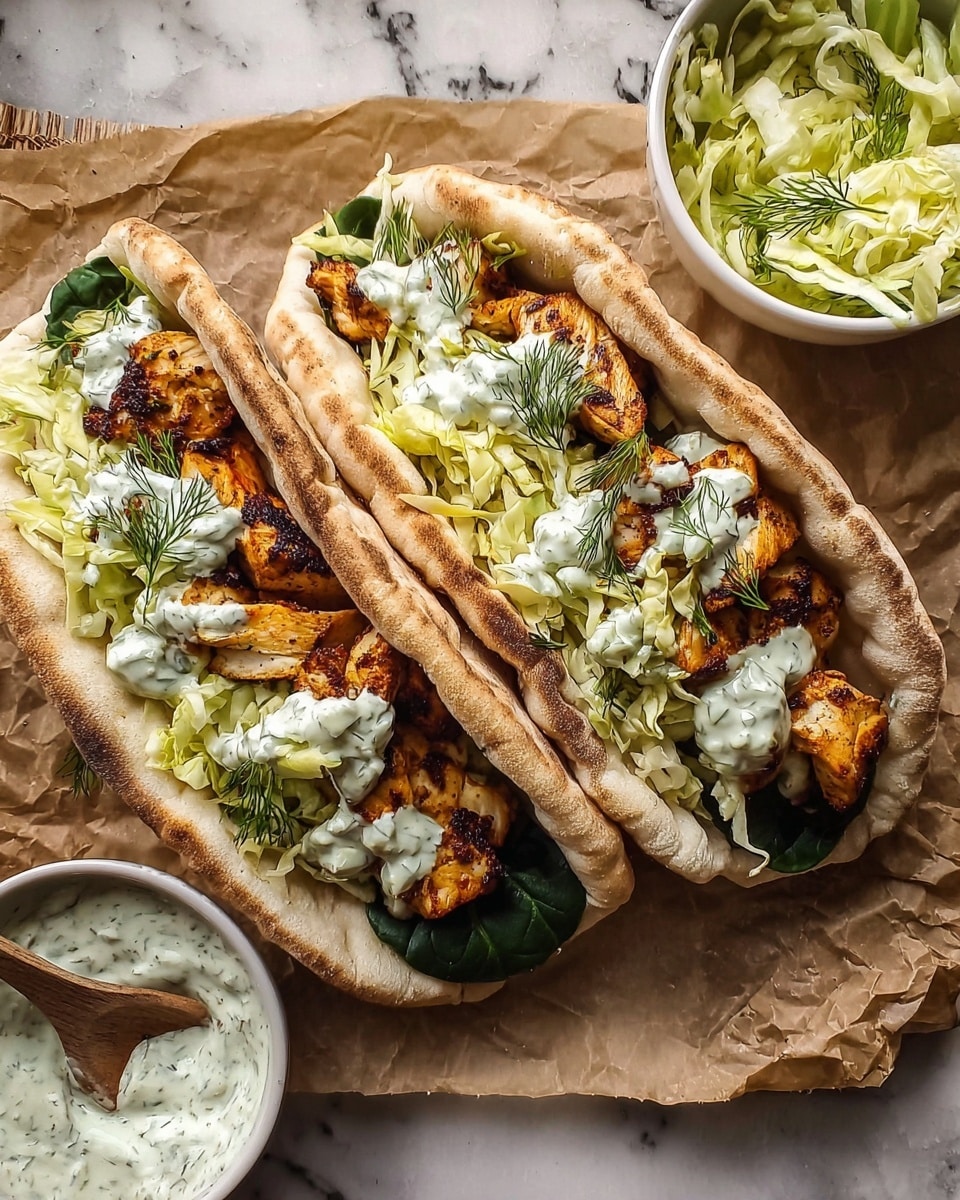 Two pita sandwiches lie side by side on crumpled brown parchment paper over a white marbled surface. Each pita is toasted with a light to medium brown color and slightly puffed texture. Inside the pitas, there are three main layers: at the base is a dark green spinach leaf, followed by golden-brown grilled chicken pieces with char marks, then topped with a thick layer of shredded pale green lettuce mixed with light yellow strands, and dollops of creamy white sauce with green herbs. Small sprigs of fresh dill garnish the top. To the right, two white bowls are visible on the white marbled surface, one filled with shredded lettuce and the other containing creamy sauce with a small wooden spoon inside. Photo taken with an iphone --ar 4:5 --v 7