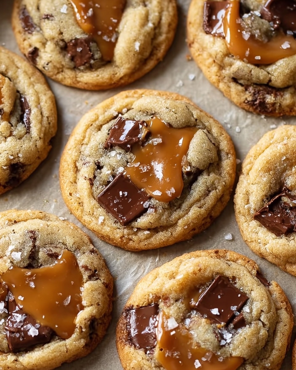 The image shows several soft, golden-brown cookies with a slightly cracked surface, each studded with large chunks of dark chocolate that are melted and glossy. On top of many cookies, there are smooth patches of caramel that are thick and shiny, giving an irregular shape that spreads out from the center. Small flakes of white sea salt are sprinkled across the cookies, adding a slight sparkle and contrast against the caramel and chocolate. The cookies rest closely together on a sheet with a light, textured surface underneath. Photo taken with an iphone --ar 4:5 --v 7