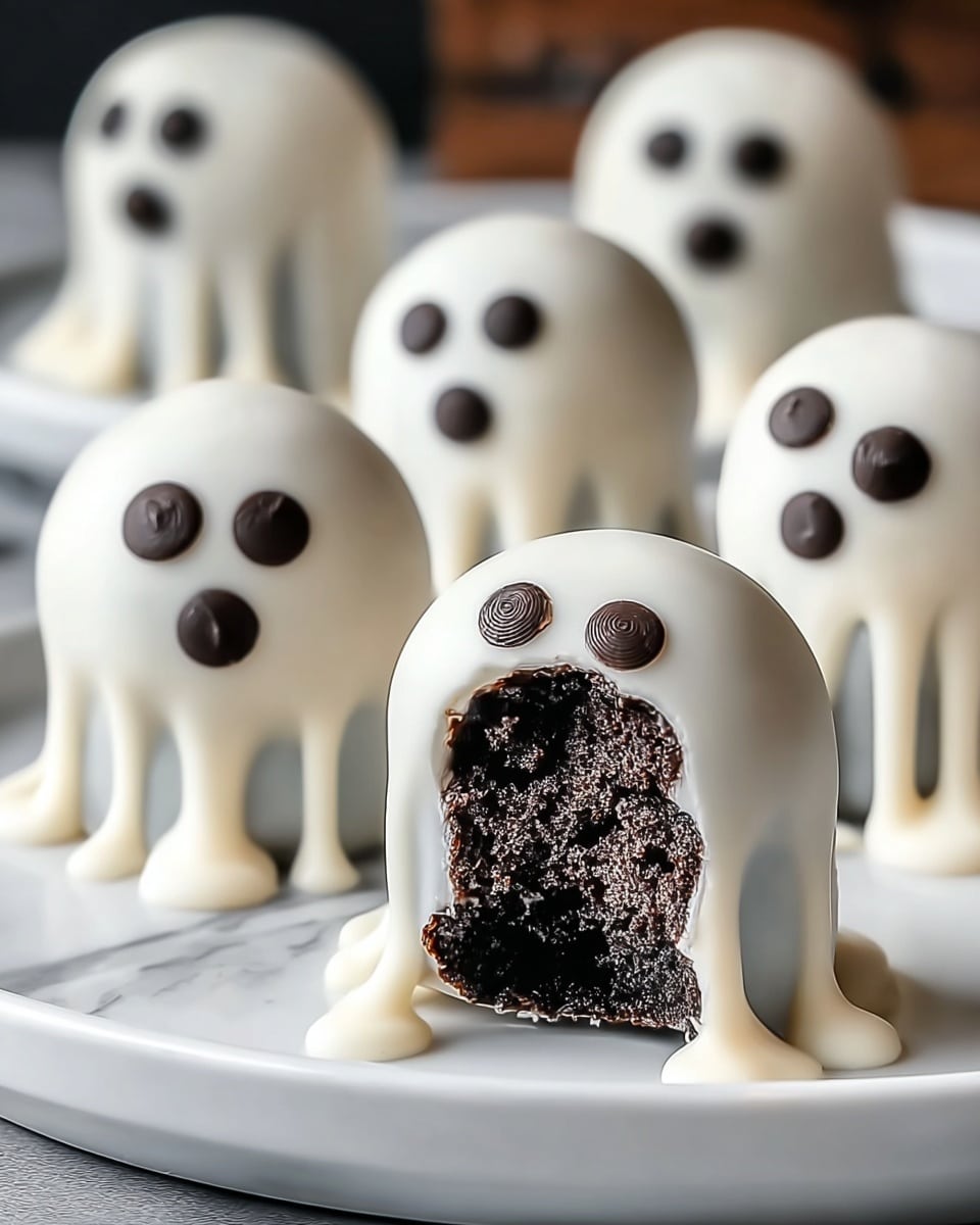 The image shows five small ghost-shaped treats on a white plate with a white marbled surface beneath. Each treat has three layers: a dark, crumbly chocolate base forming the ghost's body, a smooth white coating covering the base to shape the ghost, and two round dark chocolate pieces as the eyes placed near the top front. The front treat is bitten, revealing the dark chocolate inside, and the white coating drapes slightly at the base like little arms or ghost tails. The eyes are spaced evenly, and the ghost’s mouth is a darker oval shape below the eyes. Photo taken with an iphone --ar 4:5 --v 7