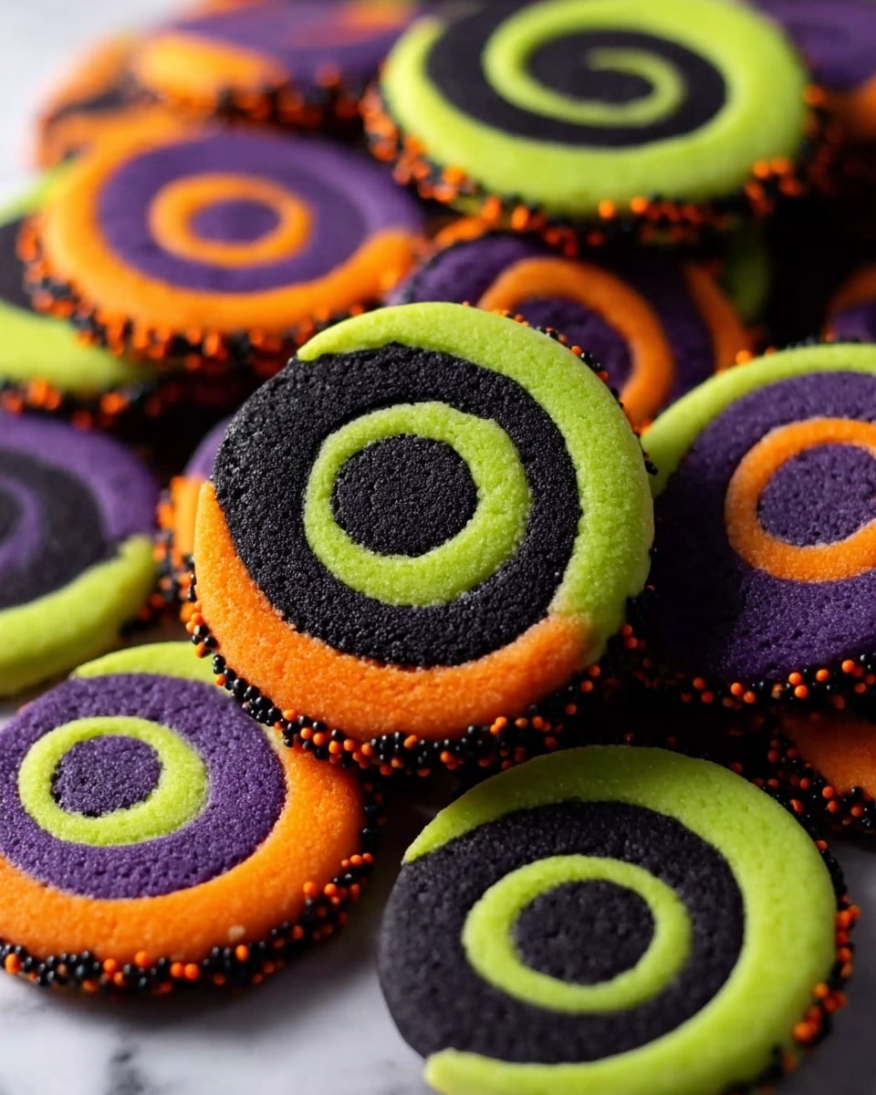 A close-up view of many round cookies arranged in a pile on a white marbled surface. Each cookie has two spiral layers: one layer is a solid dark color (black or dark grey), and the other is a bright colored swirl in either orange, purple, or green, creating a vivid contrast. The edges of the cookies are decorated with small round sprinkles in black, orange, and green, adding texture and interest. The colors are rich and smooth, with the swirls creating a hypnotic pattern in each cookie. Photo taken with an iphone --ar 4:5 --v 7