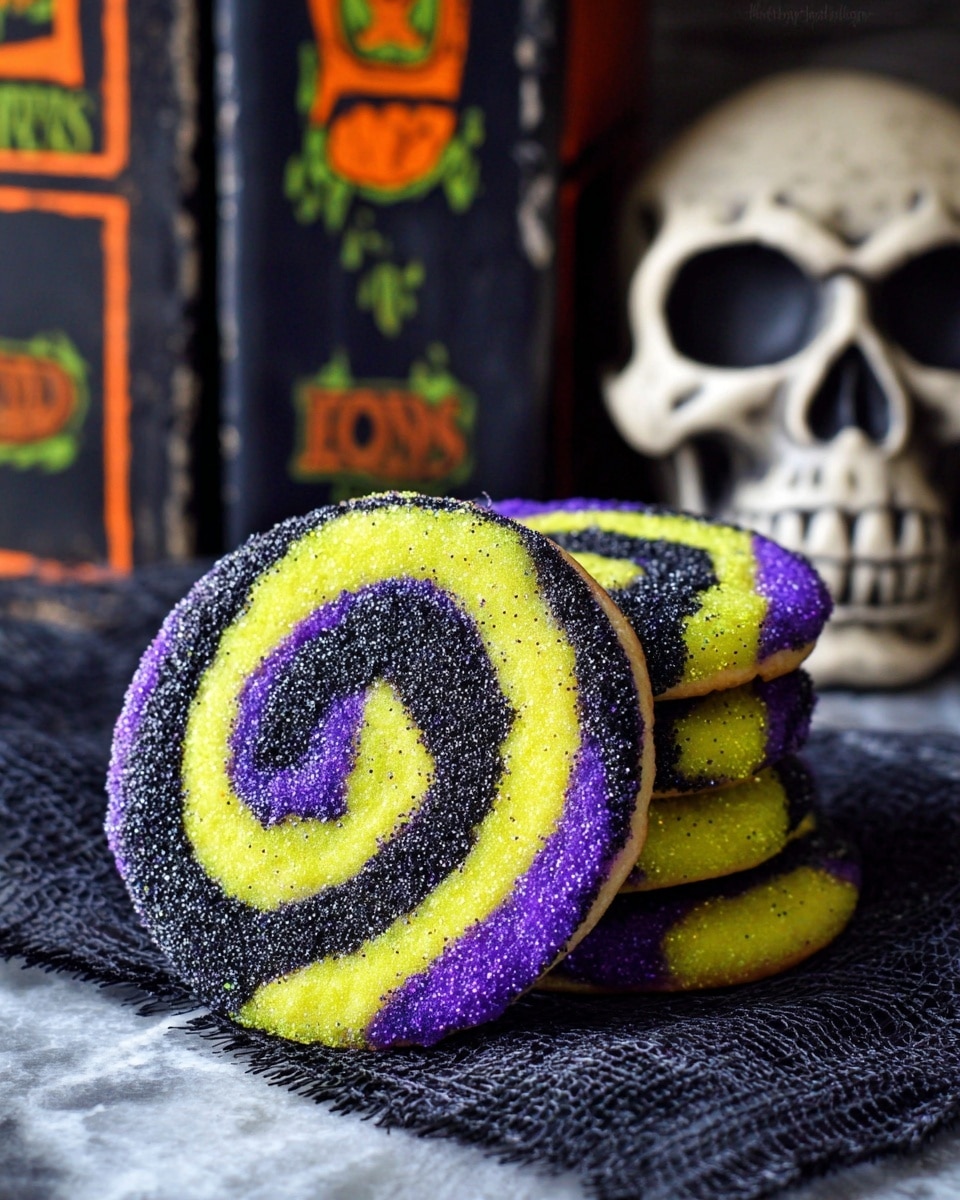 The image shows four round, spiral swirl cookies with three layers of color: bright green, deep black, and vivid purple, alternating in a spiral pattern. The cookies have colorful sprinkles on their edges, adding a textured, sugary detail. They are placed on a black, textured cloth background with a white marbled surface partially visible, next to a white skull decoration and a small black witch hat. The colors and setting give off a festive Halloween vibe. photo taken with an iphone --ar 4:5 --v 7