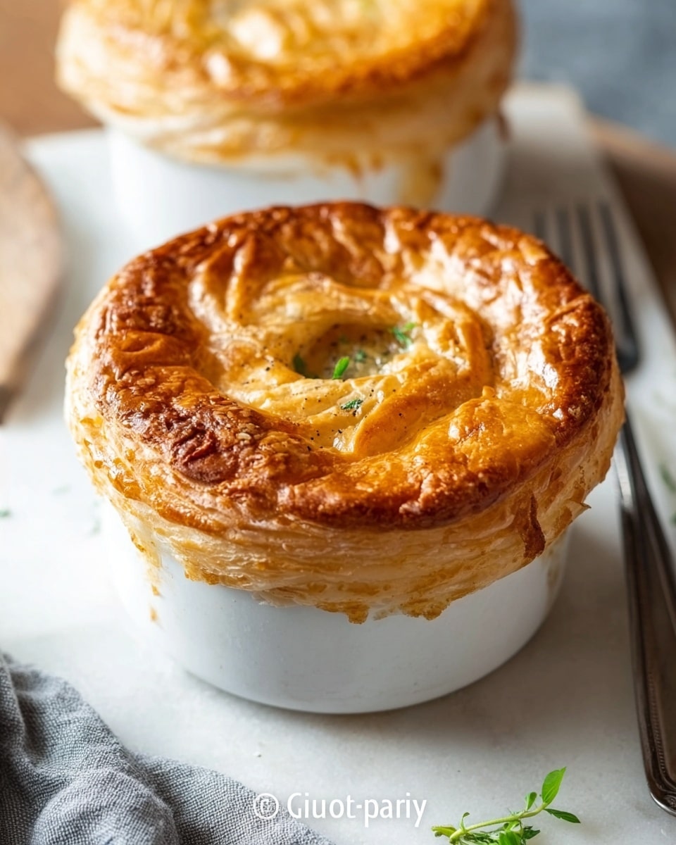 Two small white bowls are topped with golden brown, flaky puff pastry crusts that are puffed up and slightly cracked, showing a crispy texture. The puff pastry layer is thick and covers the entire bowl, with a small hole in the center revealing a glimpse of green garnish inside. One bowl is in the foreground, centered in the image, while the other is slightly blurred in the background. The bowls sit on a light white marbled surface, with a silver fork next to the front bowl and a soft gray cloth nearby. The lighting highlights the shiny, buttery texture of the pastry crust. Photo taken with an iphone --ar 4:5 --v 7