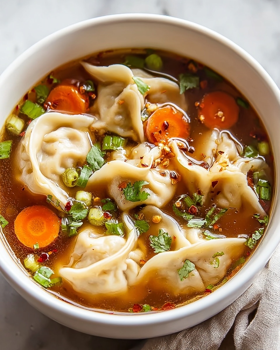 A white bowl filled with clear brown broth soup, containing several plump, folded dumplings with soft, smooth light beige skin mostly submerged in the liquid. Floating on top are bright orange carrot slices and small pieces of chopped green onions and cilantro, adding splashes of green and orange color. Tiny red chili flakes sprinkled lightly on the broth contribute a touch of texture. The bowl is placed on a white marbled surface with a soft cloth underneath. photo taken with an iphone --ar 4:5 --v 7