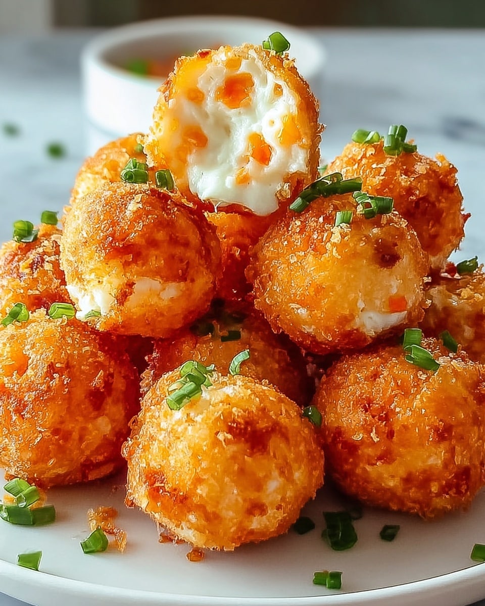 A pile of crispy, golden-brown fried balls stacked on a white plate set on a white marbled texture surface, each ball having a crunchy outer layer and a soft white creamy inside mixed with small orange pieces, possibly carrots; a few chopped green garnishes are sprinkled on top and around the balls, adding fresh color contrast. photo taken with an iphone --ar 4:5 --v 7