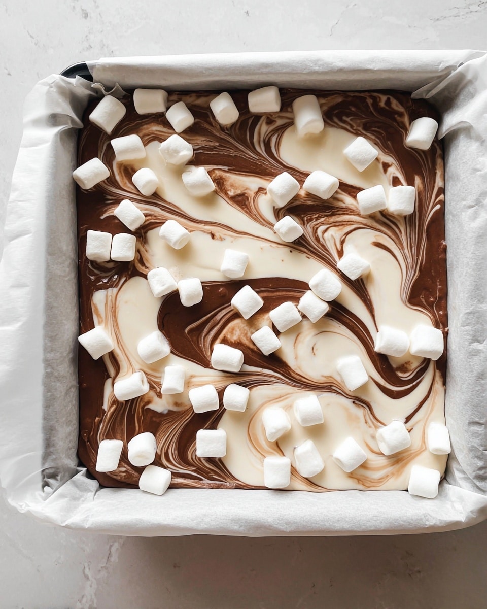 The image shows a stack of four square fudge pieces with two clear layers: a dark brown chocolate layer and a creamy white layer, swirled together in a smooth, marbled pattern. The top piece is decorated with four small, white, round marshmallows. The fudge pieces below are slightly different with the marbled design varying on each square. Additional marshmallows and more fudge pieces are scattered around the base. The fudge rests on a light beige parchment paper, with a blurred white marbled texture surface in the background, along with a glass bowl of marshmallows and a wooden spoon. Photo taken with an iphone --ar 4:5 --v 7