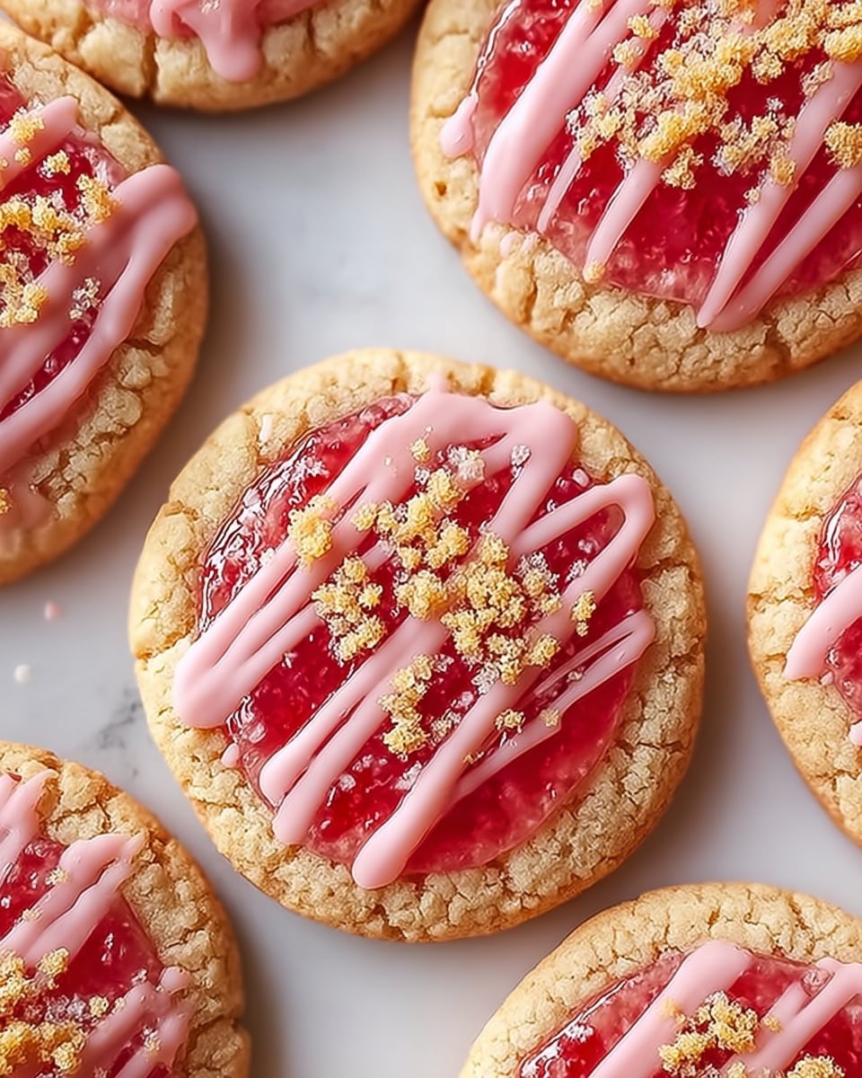 The image shows a close-up of two stacked cookies on a white plate, placed on a white marbled surface. Each cookie has a rough, crumbly light brown base layer, with a bright red layer of jam visible through crumb topping in the middle. On top, thick pink icing is drizzled in diagonal lines across the jam and crumbs, giving a glossy, smooth contrast to the crumbly texture below. The cookies look soft yet textured with a mix of creamy and crunchy elements visible. Photo taken with an iphone --ar 4:5 --v 7