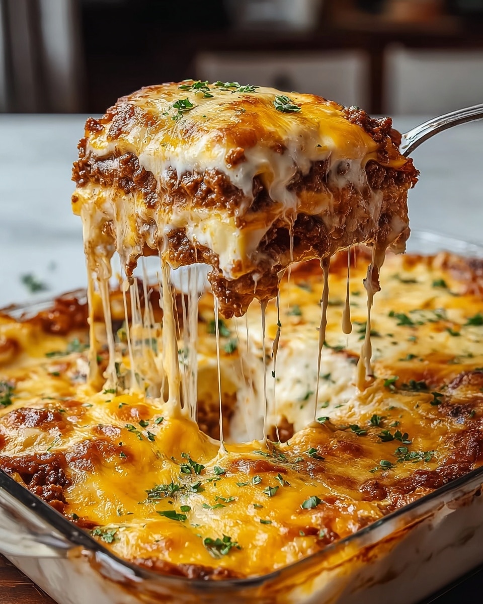This image shows a tall, layered dish with four visible layers. The bottom layer is a mix of finely ground brown meat and a creamy white sauce. The second layer is a thick layer of melted white cheese with bits of ground meat mixed in. The third layer looks like more of the brown ground meat. The top layer is covered with bright orange melted cheese, oozing and stretching as it pulls away, with small pieces of chopped green herbs sprinkled on top. The dish sits on a white plate with a dark rim, placed on a dark brown wooden surface. photo taken with an iphone --ar 4:5 --v 7