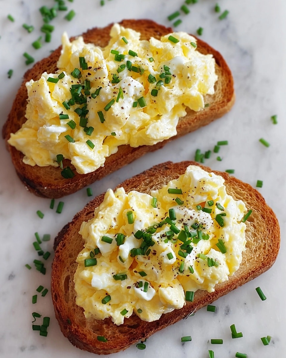 Two slices of toasted bread serve as the base layer, light brown and slightly crispy around the edges. On top of each slice is a thick, creamy layer of soft scrambled eggs that are pale yellow with fluffy, smooth texture and bits of white egg whites visible. Chopped green chives are sprinkled evenly over the eggs, adding pops of green color. The toast rests on a white marbled surface, with some green chive pieces scattered around it. photo taken with an iphone --ar 4:5 --v 7
