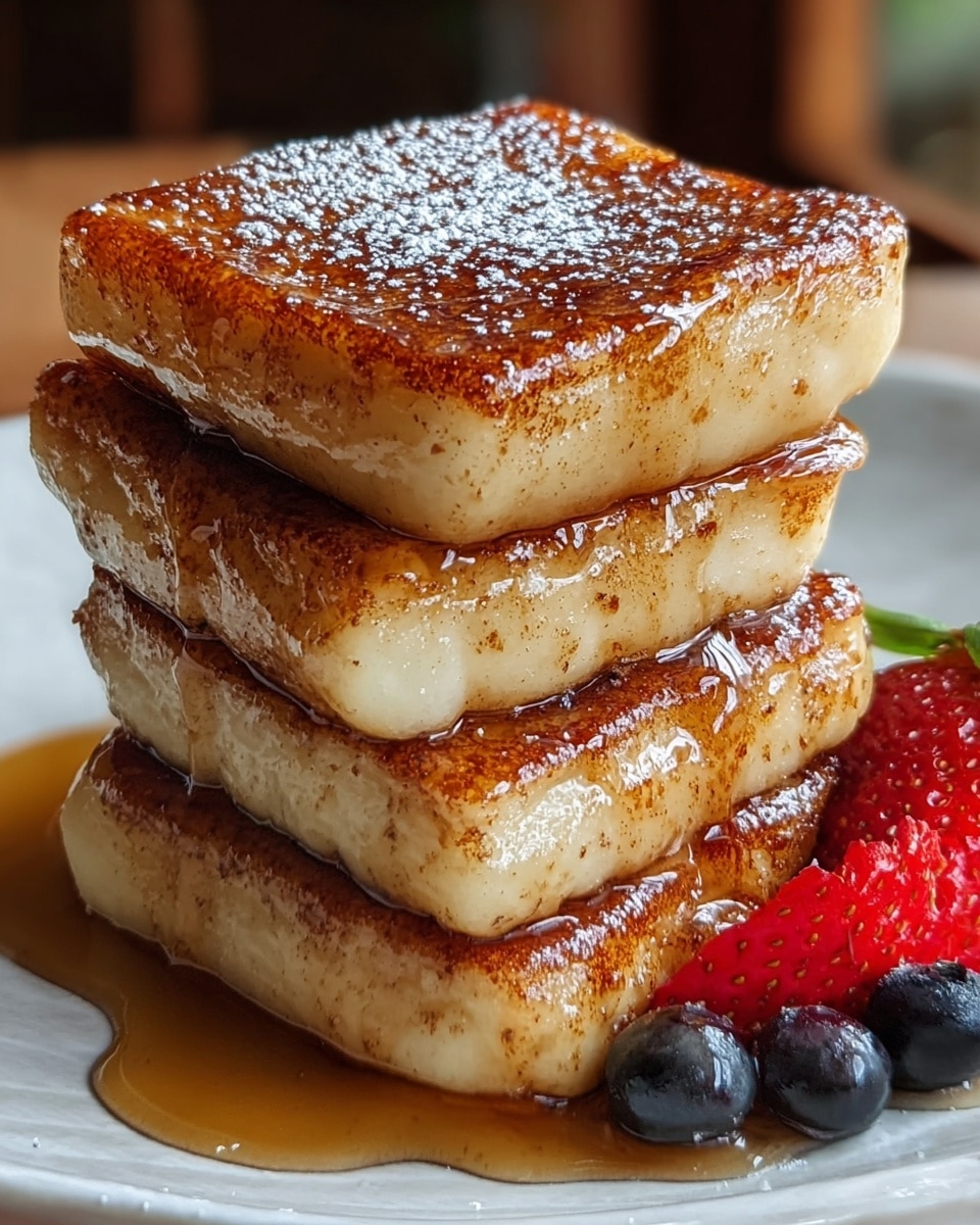 A stack of four thick, square-shaped pieces coated with a caramelized golden-brown crust, each layer showing a glossy, slightly translucent, and soft texture. The top piece is sprinkled lightly with powdered sugar and the entire stack is drizzled with syrup pooling around the base. To the right of the stack, there are a few fresh berries, including a bright red strawberry and dark blueberries, adding a pop of color. The dish is placed on a white plate over a white marbled texture. photo taken with an iphone --ar 4:5 --v 7