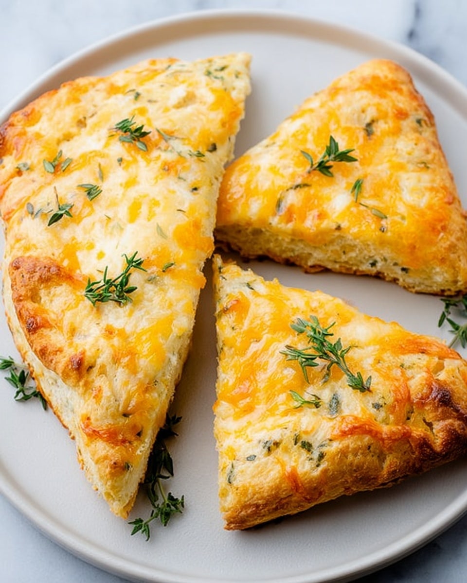 The image shows three triangular scones on a white plate, each topped with a golden and slightly shiny layer of melted cheese with small bits of green herbs mixed in. The scones have a thick, fluffy base with a light brown crust around the edges. Small sprigs of fresh thyme are placed on top of the scones and scattered on the plate. The background is a white marbled surface. photo taken with an iphone --ar 4:5 --v 7