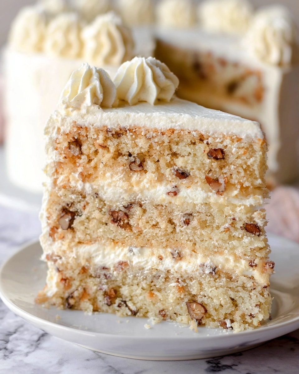 A close-up image of a three-layer cake slice on a white plate, set on a white marbled surface. The cake layers are light golden with visible pieces of nuts or raisins evenly distributed throughout. Between each cake layer, there is a creamy white frosting filling that looks soft and smooth. The top of the cake slice is covered with a thick layer of the same white frosting and decorated with two small swirls of the creamy frosting near the edge. The background is softly blurred, showing more of the cake. Photo taken with an iphone --ar 4:5 --v 7