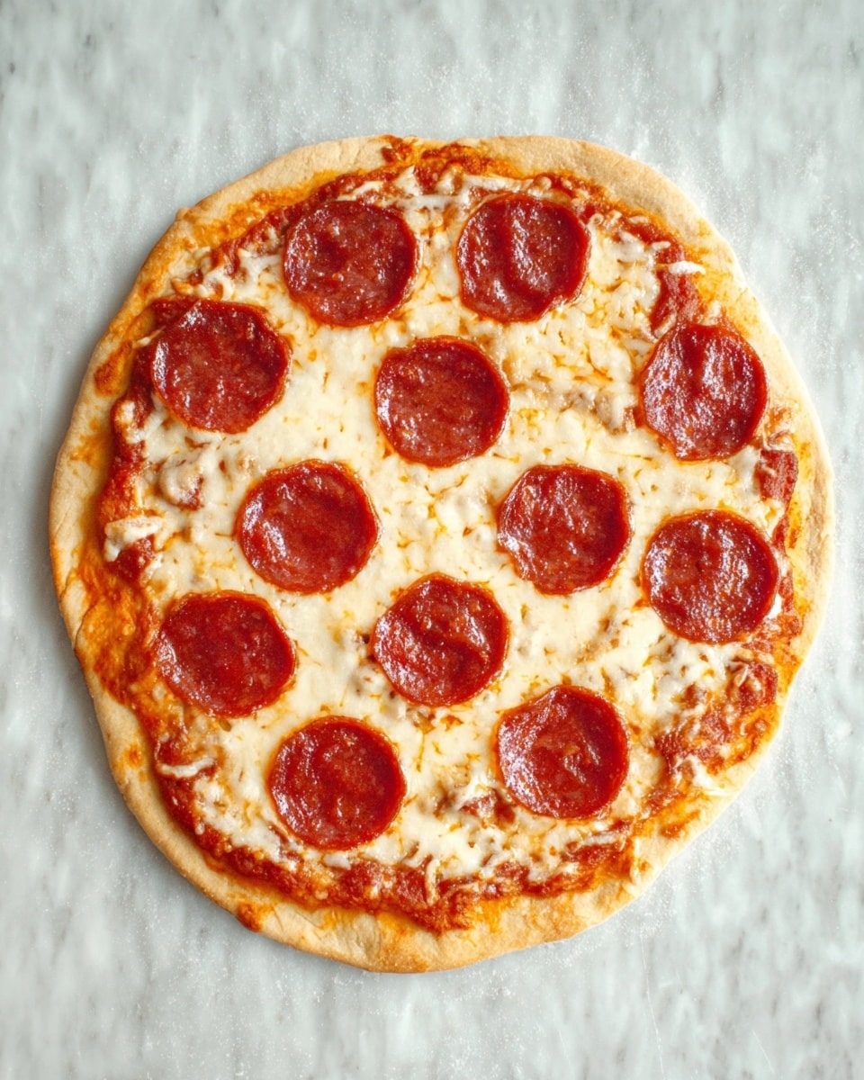 A round pizza with a light golden-brown crust topped with a layer of melted white and slightly golden cheese, spread evenly across the surface. There are eleven evenly spaced, dark red, slightly curled pepperoni slices on top of the cheese, each with a shiny, oily texture. The pizza sits on a flat white marbled surface. photo taken with an iphone --ar 4:5 --v 7