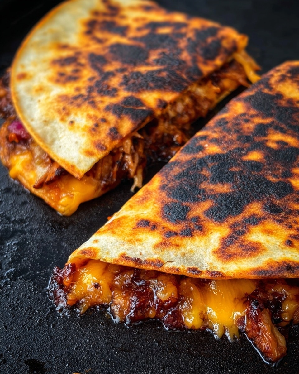 Two folded quesadillas with a lightly crispy golden-brown outer layer, showing a slightly burnt texture on the surface. The quesadillas have three visible layers: a thin, soft yellow tortilla on the outside, a middle layer of melted golden cheese, and a filling of dark reddish-brown cooked meat peeking from the sides. They rest directly on a black surface, with rich juices and melted cheese slightly oozing out from the filling. photo taken with an iphone --ar 4:5 --v 7