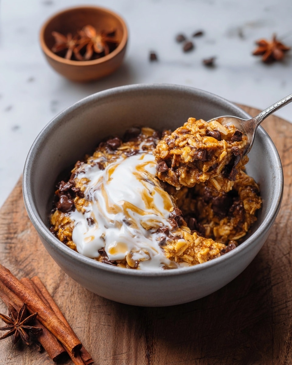 A grey bowl filled with a warm mixture of golden-brown baked oats and melted chocolate chips with a rich, chunky texture. On top, there is a swirl of creamy white yogurt partially covering the oats, with some drizzled honey adding a shiny glaze. A spoon is lifting a scoop showing the thick, soft oats and chocolate blend. In the background, there is a small wooden bowl holding cinnamon sticks and star anise, all placed on a white marbled textured surface. Photo taken with an iphone --ar 4:5 --v 7
