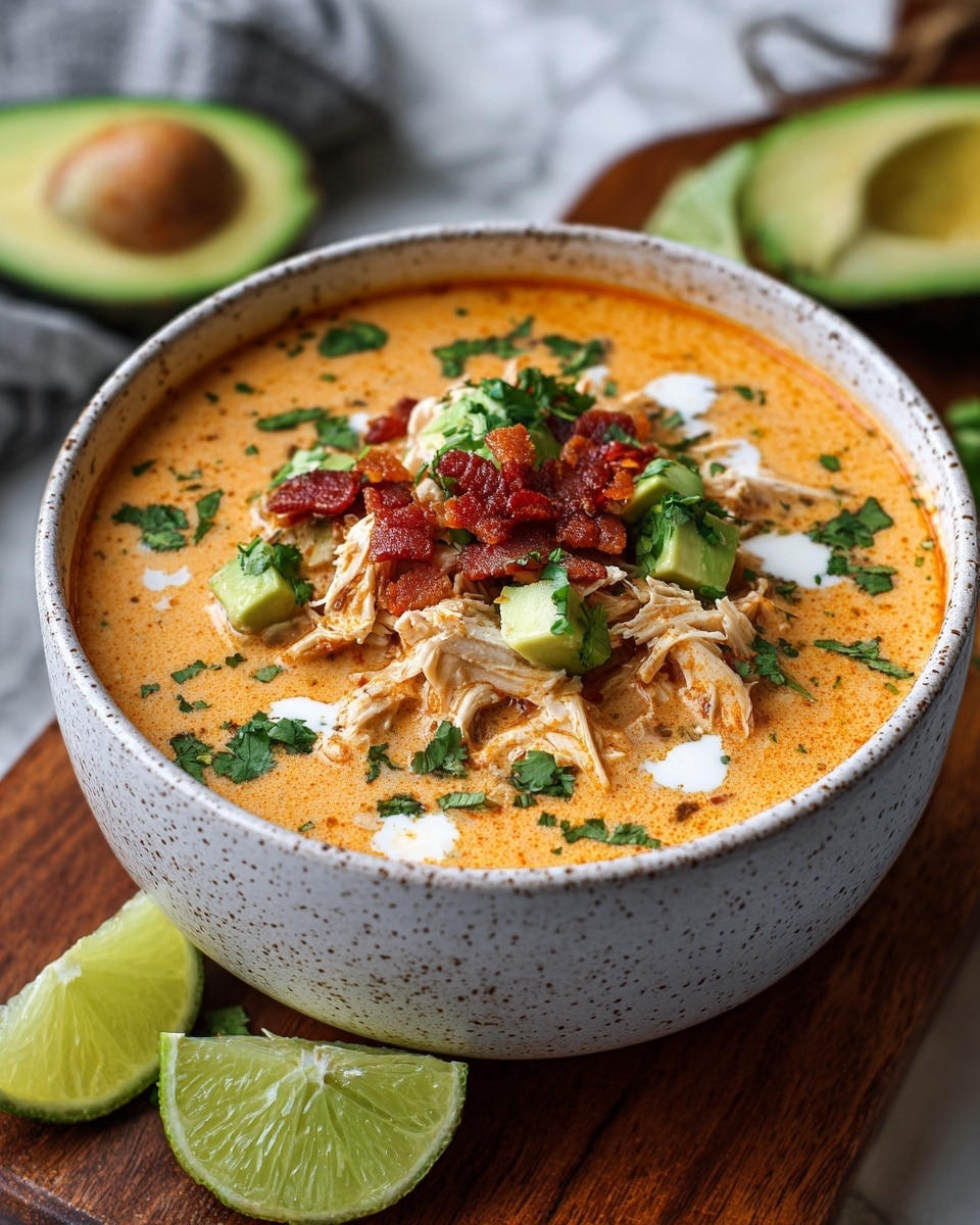 A white speckled bowl filled with creamy orange soup topped with shredded chicken, small chunks of bright green avocado, and crispy reddish-brown bacon bits, all sprinkled with fresh green cilantro and small white cream dollops. The bowl is placed on a wooden board with two lime wedges next to it, and halves of avocado blurred in the background, all set on a white marbled surface. photo taken with an iphone --ar 4:5 --v 7