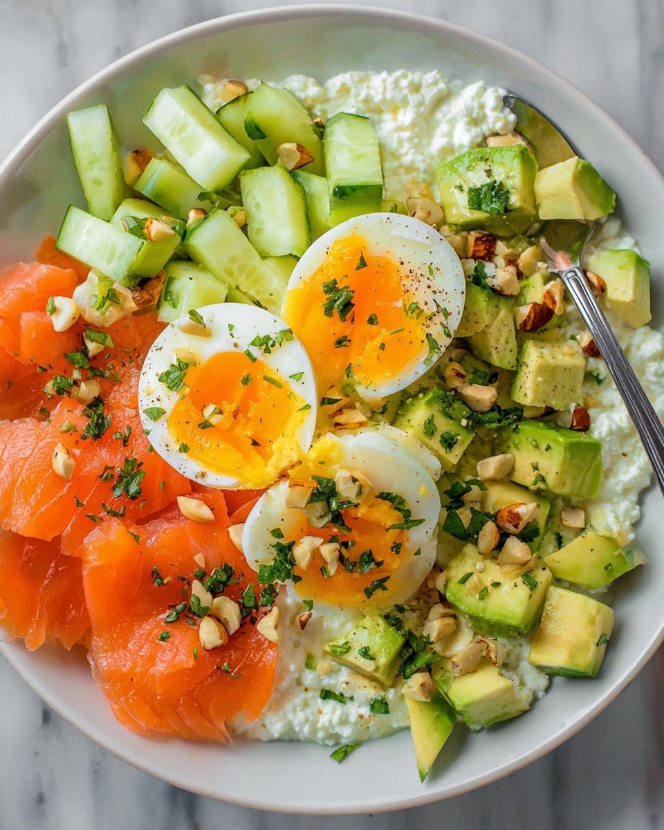The dish is arranged on a white bowl sitting on a white marbled surface. It has four main parts surrounding the center: bright orange smoked salmon slices on the left, pale green diced cucumber pieces with some chopped nuts and green herbs on the top, light green avocado slices on the right sprinkled with green herbs and nuts, and a base of white creamy cottage cheese at the bottom. On top of the cottage cheese and in the middle are two halves of a boiled egg, showing a firm white outer layer and a bright yellow yolk inside, sprinkled with chopped green herbs and nuts. A silver spoon is visible in the cucumber section. photo taken with an iphone --ar 4:5 --v 7