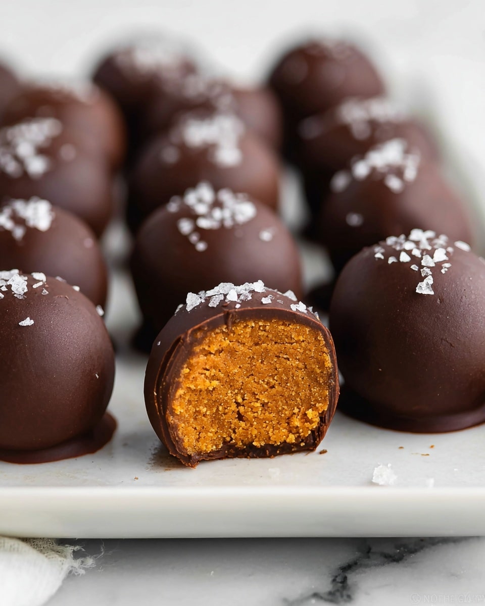 A close-up view shows three round truffles on a small white plate with a beaded edge, placed on a white marbled surface. Two whole truffles have a smooth, dark brown chocolate coating with a few flakes of sea salt sprinkled on top. The third truffle is cut in half, facing forward, revealing a dense, crumbly interior in a warm golden-brown color. The background is softly blurred with more truffles on a white cake stand and a white plate, maintaining a clean and bright look. photo taken with an iphone --ar 4:5 --v 7