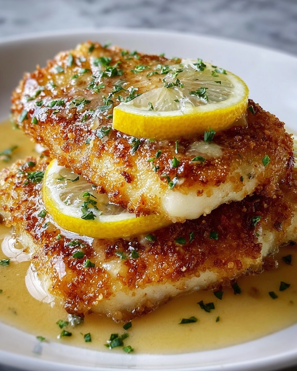Two pieces of golden brown breaded fish fillets, each topped with a glossy light sauce and a thin, bright yellow lemon slice. The fish has a crispy texture with scattered green herb bits sprinkled on top, adding contrast. Below the fillets, a pool of shiny sauce spreads on the surface of a white plate. The plate sits on a white marbled background, with the close-up view emphasizing the crispiness and freshness of the dish. photo taken with an iphone --ar 4:5 --v 7