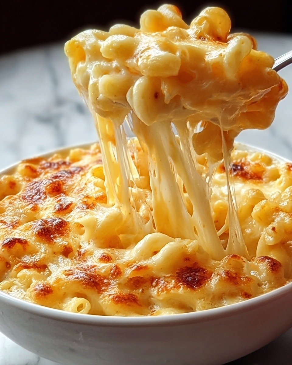 A close-up of creamy macaroni and cheese in a white round dish, with a layer of golden brown melted cheese on top, showing bubbly and slightly crispy spots. The macaroni pasta underneath is coated in thick, smooth, light yellow cheese sauce. A portion of the cheesy macaroni is being lifted, showing long cheese stretches connecting the lifted pasta to the dish. The dish sits on a white marbled surface. photo taken with an iphone --ar 4:5 --v 7