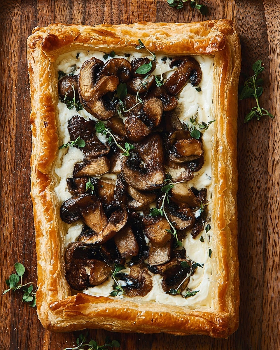 The image shows a rectangular tart with a thick, golden-brown puff pastry crust forming the outer layer, flaky and slightly uneven at the edges. Inside the crust, there is a smooth, creamy white layer that acts as a base. On top of this, large, thick slices of dark brown and beige mushrooms are scattered evenly, showing a rough texture and curved shapes. Small sprigs of fresh green herbs are spread across the mushrooms, adding a touch of color and freshness. The tart is placed on a wooden cutting board, and the overall colors range from golden, white, dark brown to green. photo taken with an iphone --ar 4:5 --v 7