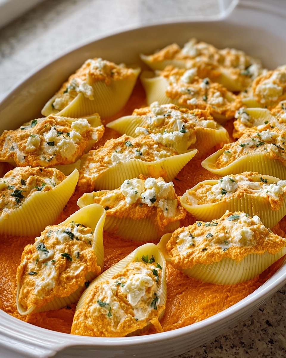A white serving dish holds about twelve stuffed pasta shells arranged in three rows. Each pasta shell is pale yellow with ridges on the exterior, filled generously with a creamy mixture. The filling sits on a base layer of thick orange sauce that spreads evenly across the bottom of the dish. The filling is textured, mostly orange with white cheese crumbles mixed in, and small green herb bits scattered on top for color contrast. The shells are neatly placed side by side, some slightly overlapping, and have a soft, moist appearance. Photo taken with an iphone --ar 4:5 --v 7