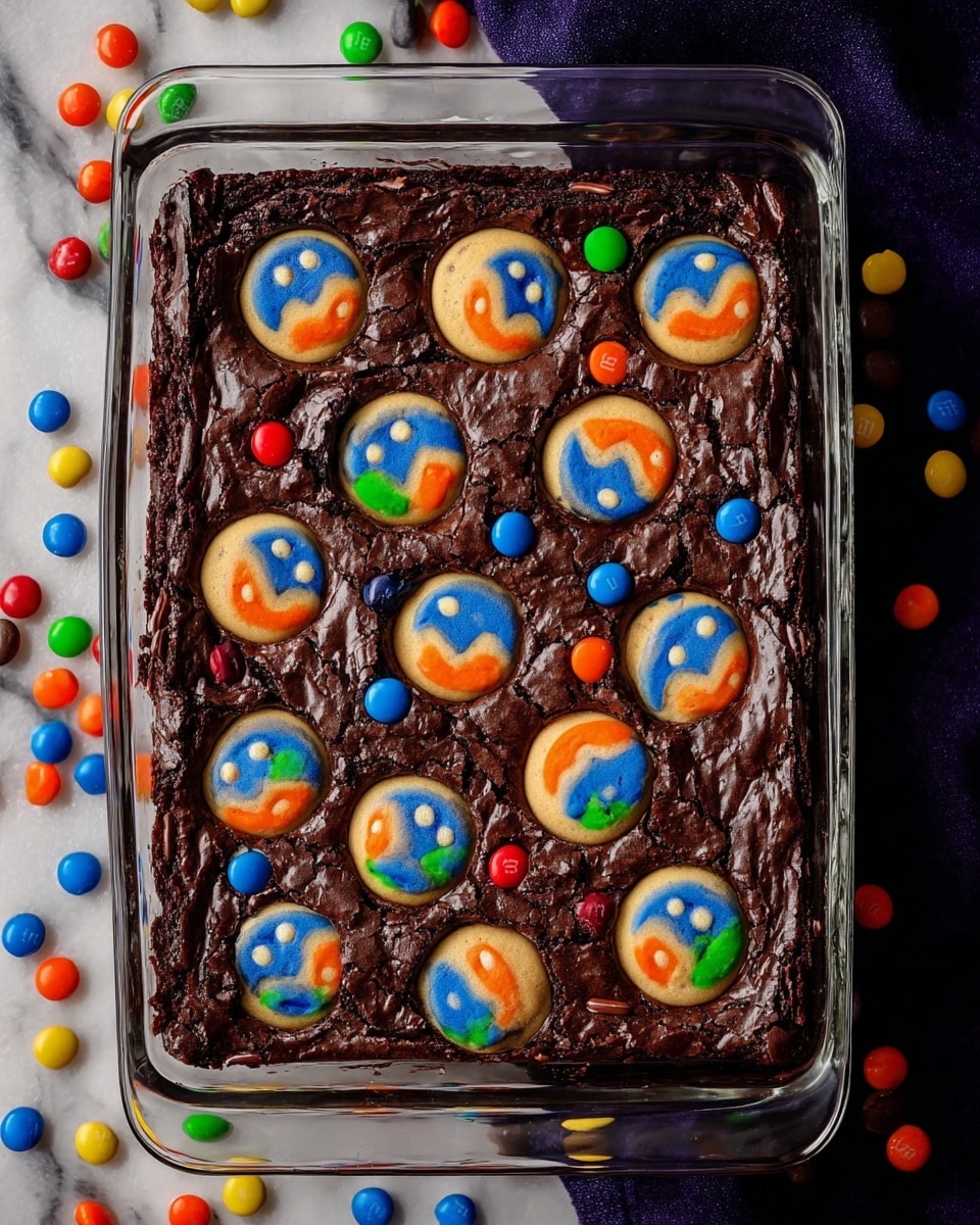 A glass baking dish holds a single layer of dark chocolate brownie with a cracked, textured surface. Embedded in the brownie are multiple round cookies decorated with a blue and orange ghost face on a light tan background, evenly distributed over the top. Scattered among the cookies are colorful candy pieces in red, green, blue, and orange, adding vibrant spots of color. The dish sits on a white marbled textured surface, with festive small candy pieces scattered around it. photo taken with an iphone --ar 4:5 --v 7