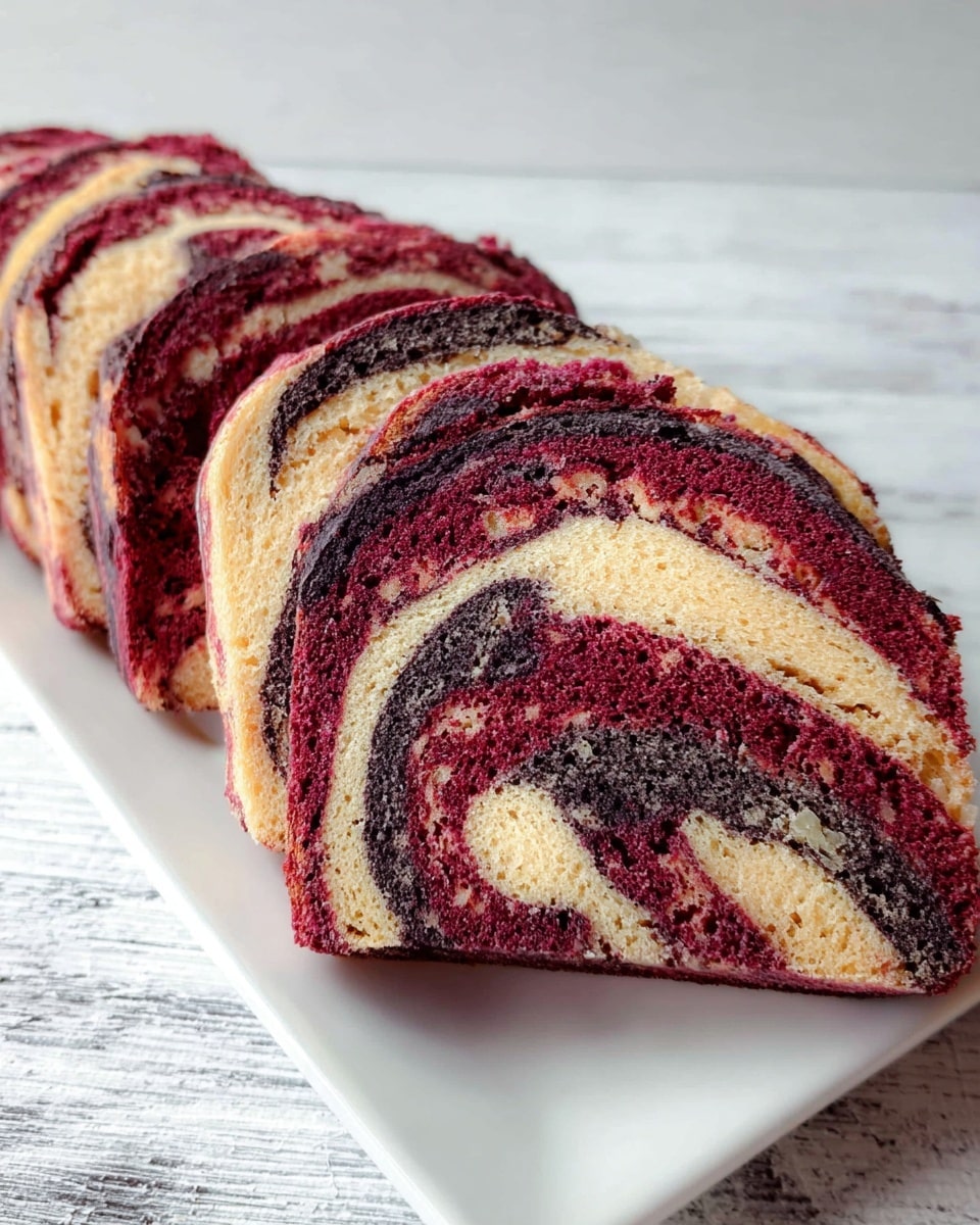 The image shows three slices of rolled bread with multiple layers, placed side by side on a white rectangular plate. Each slice has a swirl pattern with dark purple and reddish layers alternating with lighter beige dough. The texture looks soft and slightly crumbly with a dusting of flour on the top crust. The bread appears thick and rich, emphasizing the contrast between the colors of the layers. The plate sits on a white marbled surface with subtle gray veins. photo taken with an iphone --ar 4:5 --v 7