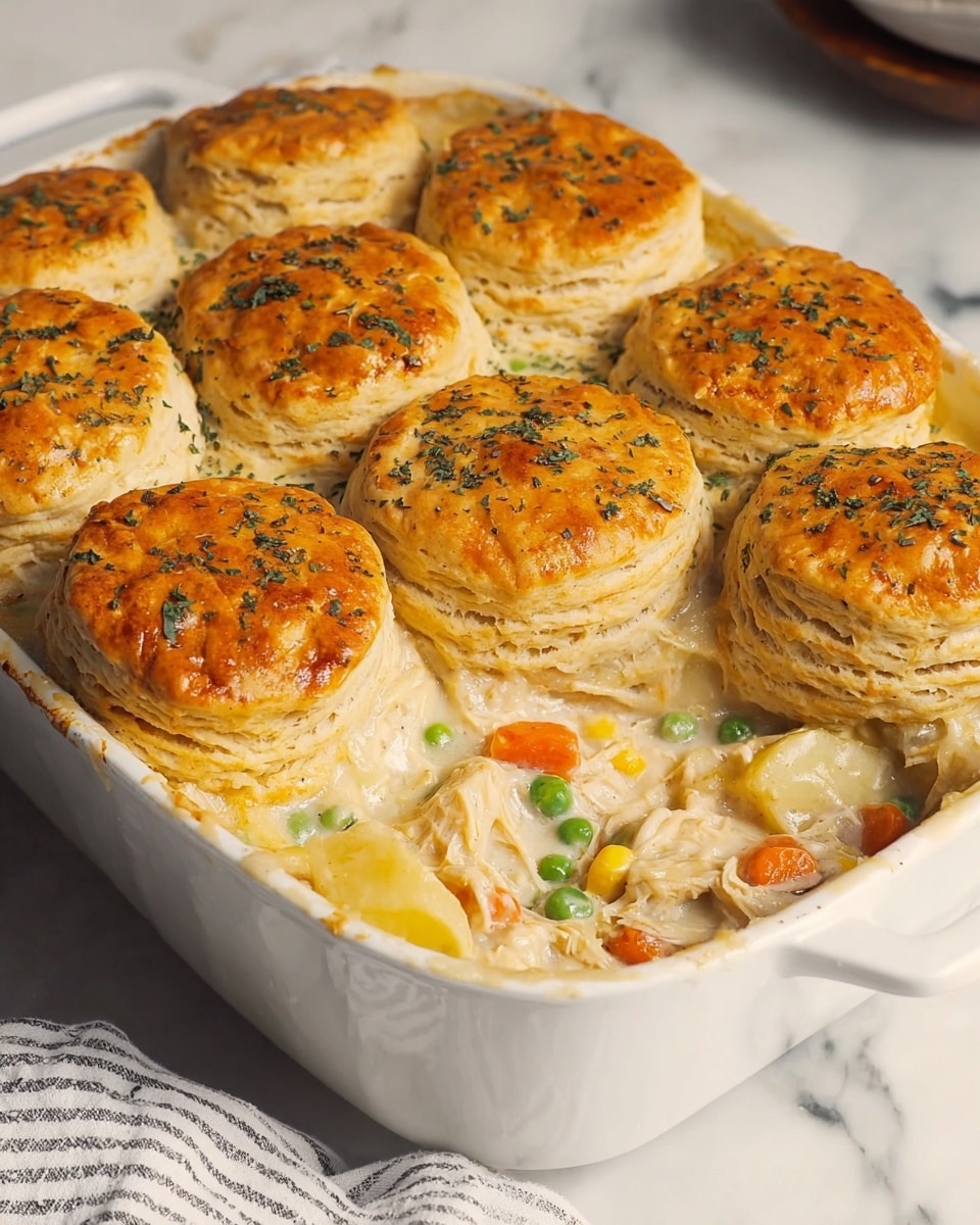 A white baking dish holds a chicken pot pie topped with seven golden-brown biscuit layers, each biscuit round and thick with a flaky texture and lightly sprinkled with green herbs. Below the biscuits, a creamy filling is visible, containing shredded white chicken, bright orange carrot chunks, yellow potato pieces, and green peas, all mixed in a smooth white sauce. The pie rests on a white marbled surface with a white and gray striped cloth nearby. photo taken with an iphone --ar 4:5 --v 7