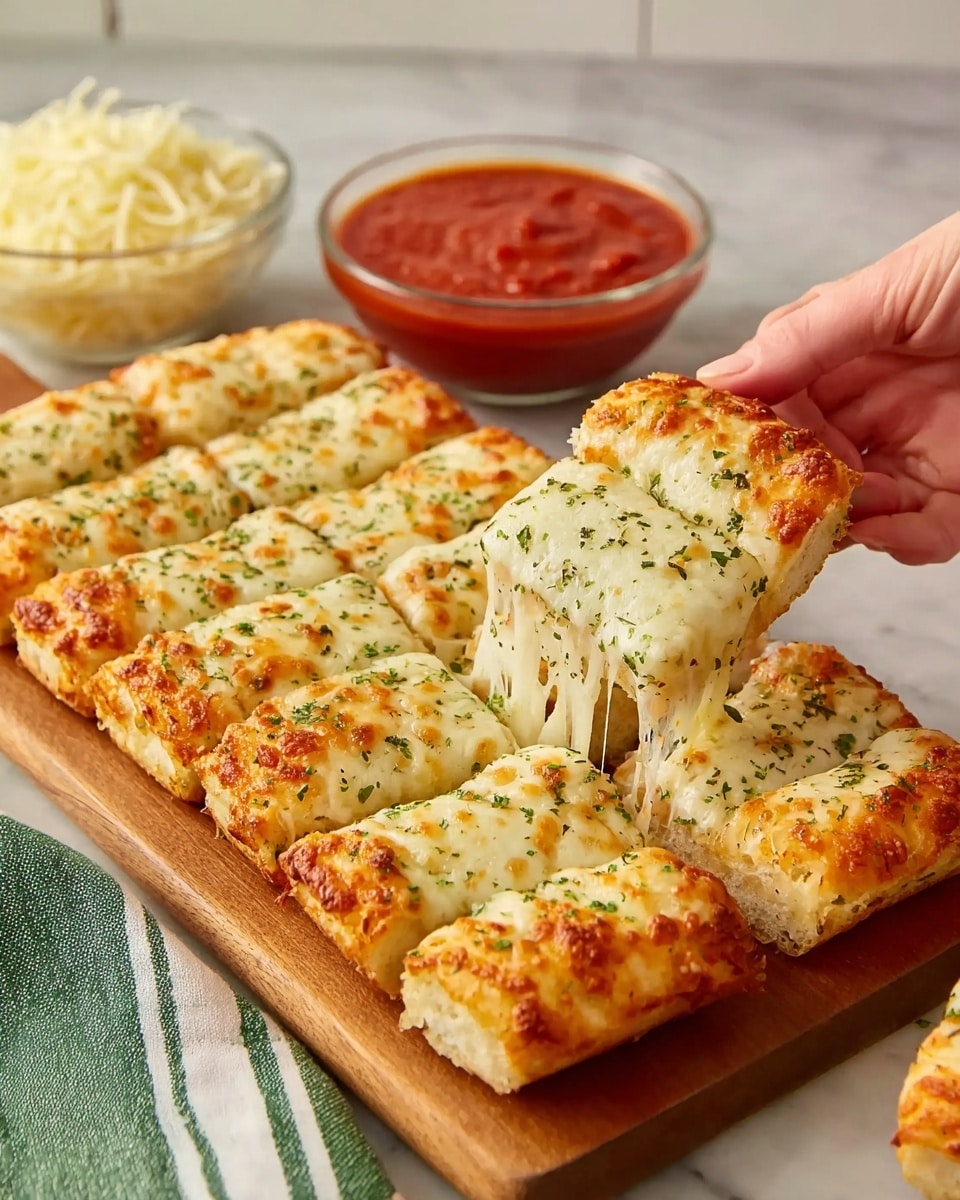 The image shows a white plate with several golden-brown breadsticks lined up horizontally on a white marbled surface. Each breadstick is topped with melted cheese that has lightly browned spots and green herbs sprinkled on top. One breadstick is being pulled up by a woman's hand, showing stretchy, gooey melted cheese. Behind the plate, there are two clear bowls, one filled with red marinara sauce and the other with shredded white cheese. The background is tiled white, emphasizing the cheesy breadsticks' warm colors. Photo taken with an iphone --ar 4:5 --v 7
