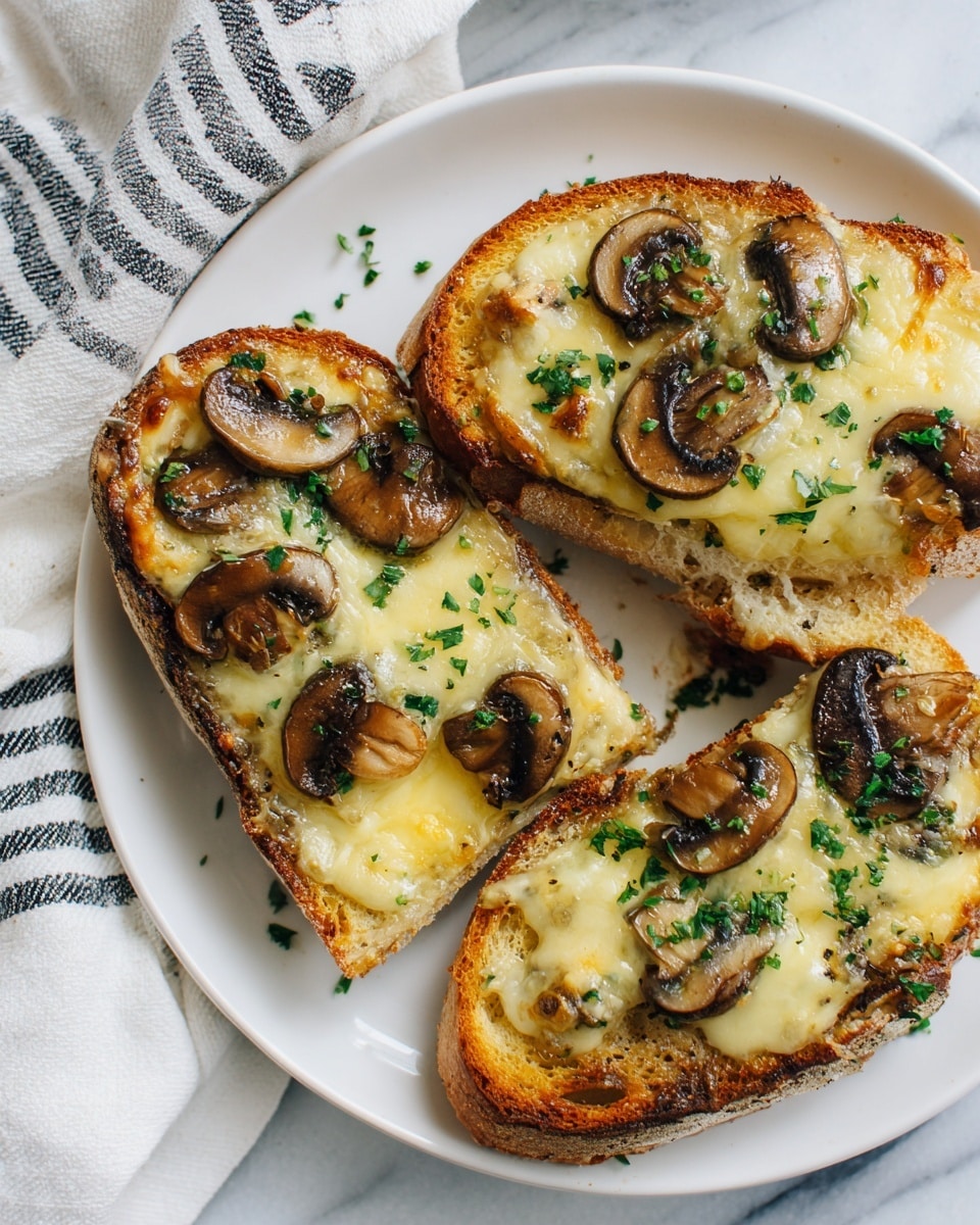 Three slices of toasted bread are placed on a white marbled surface, each topped with a layer of melted white cheese that covers the entire slice. On top of the cheese, there are several cooked brown mushroom slices scattered evenly across each piece. Green chopped herbs are sprinkled over the cheese and mushrooms, adding a fresh contrast in color. In the background, a white bowl with grated cheese and some sliced bread on a wooden board are visible, enhancing the rustic food setting. photo taken with an iphone --ar 4:5 --v 7