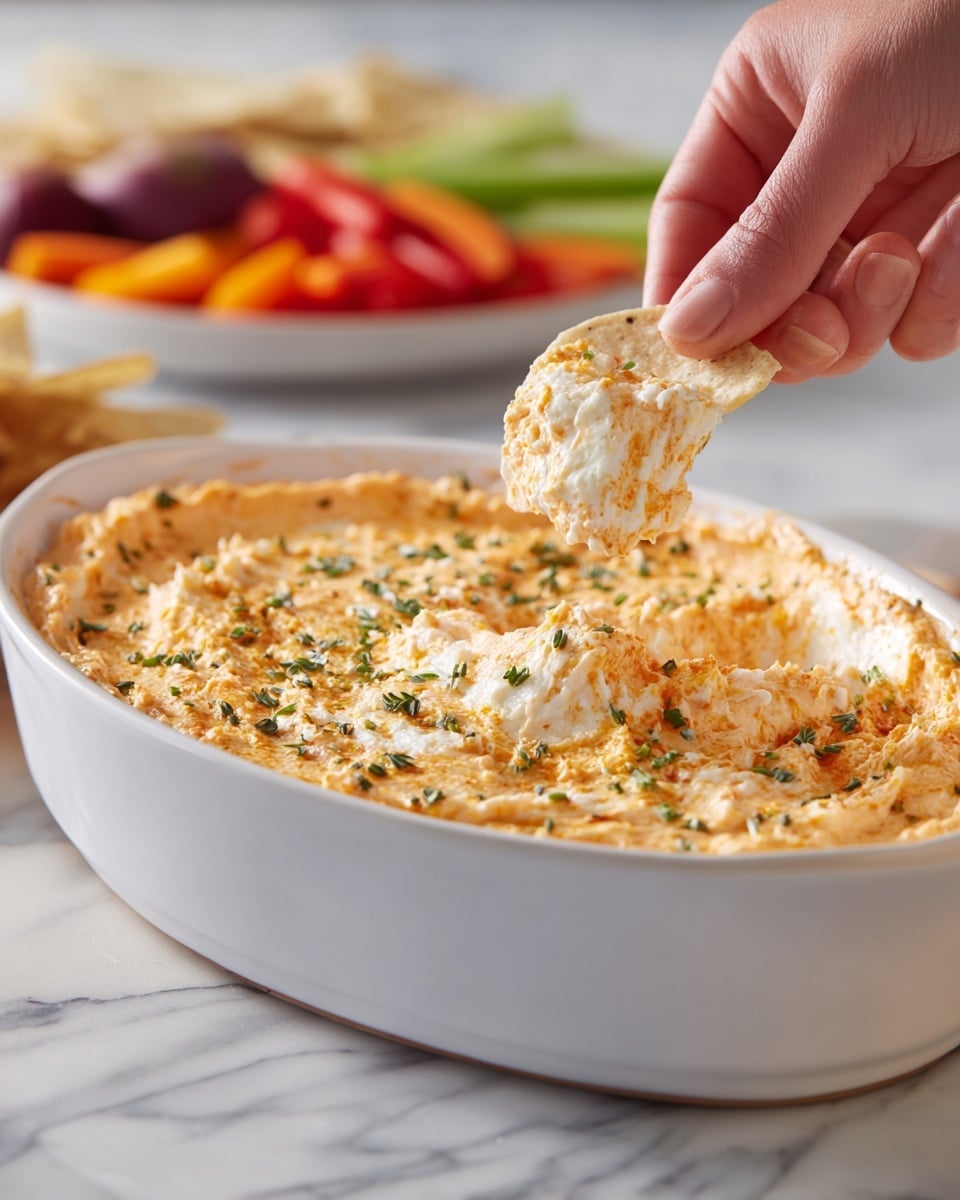 A white oval dish filled with a thick, creamy layered dip that has a golden-orange melted cheese top layer slightly browned with some bubbly texture. The dip appears soft and stringy as a woman’s hand scoops a large dollop with a light-colored chip, pulling up stretchy melted cheese and a creamy textured mix underneath. The dip shows a mix of orange and creamy off-white colors with visible herbs and a soft dense base. In front, some celery sticks and sliced carrots add color to the scene on a white marbled surface. Photo taken with an iphone --ar 4:5 --v 7