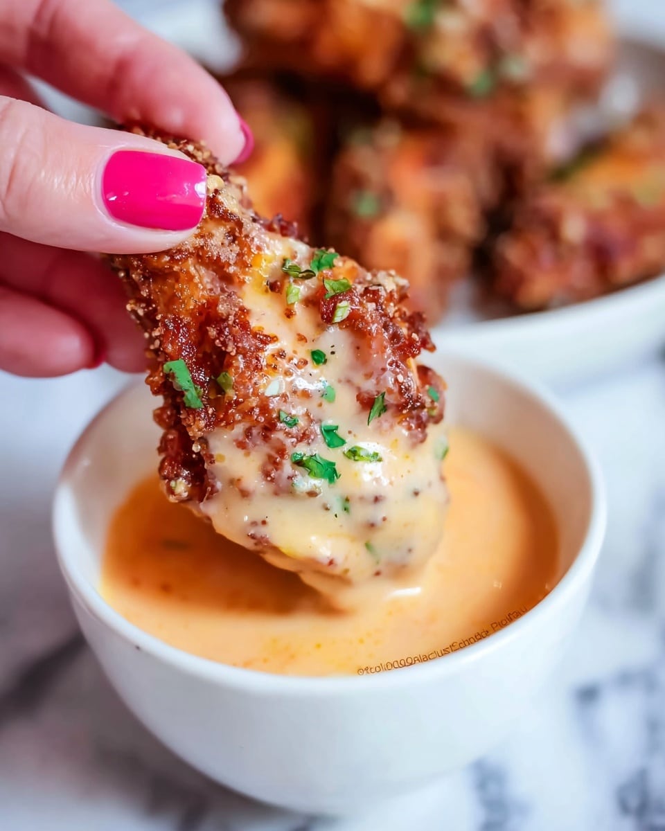 A close-up of a crispy brown fried chicken wing dipped halfway into a creamy light orange sauce inside a white bowl, sprinkled with small green herb bits on top of the wing and sauce. A woman's hand with pink polished nails is holding the wing. The background shows a white marbled surface with blurred hints of more wings and a bowl. Photo taken with an iphone --ar 4:5 --v 7