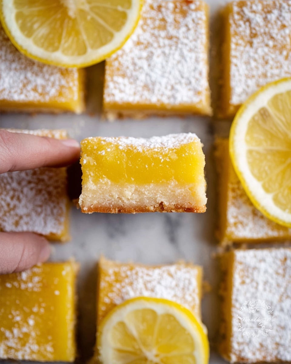 This image shows a close-up of lemon bars arranged on a white marbled surface, each cut into square shapes. There are two visible layers: the bottom layer is a pale golden crumbly crust, and the top layer is a shiny, bright yellow lemon filling with a smooth texture. The bars on the surface are lightly dusted with white powdered sugar, giving a soft, powdery look. A few lemon slices with pale yellow flesh and bright yellow rind sit on top of some bars around the edges. One lemon bar is held up horizontally in the middle by a woman's hand, showing the two distinct layers and the glossy lemon filling. photo taken with an iphone --ar 4:5 --v 7