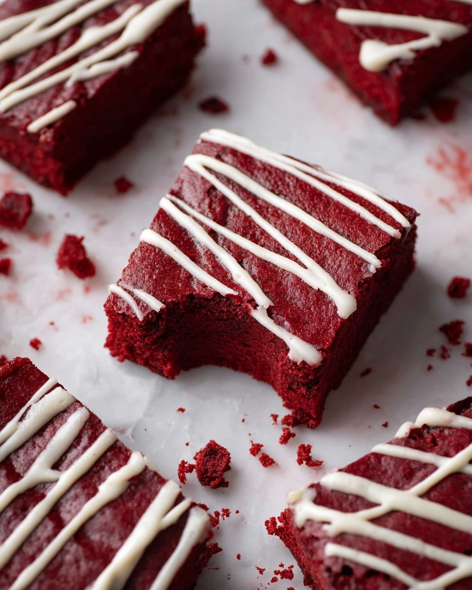 A close-up of a single square red velvet brownie with a bite taken out of the corner, showing its dense and moist deep red interior. The brownie is topped with thin white icing drizzles running diagonally across the cracked, slightly textured surface. Surrounding the bitten piece are several other cut squares of the same dark red brownie, all resting on a white marbled textured surface with scattered bits of crumb and icing. The image captures the rich color contrast and soft, fudgy texture of the dessert. photo taken with an iphone --ar 4:5 --v 7