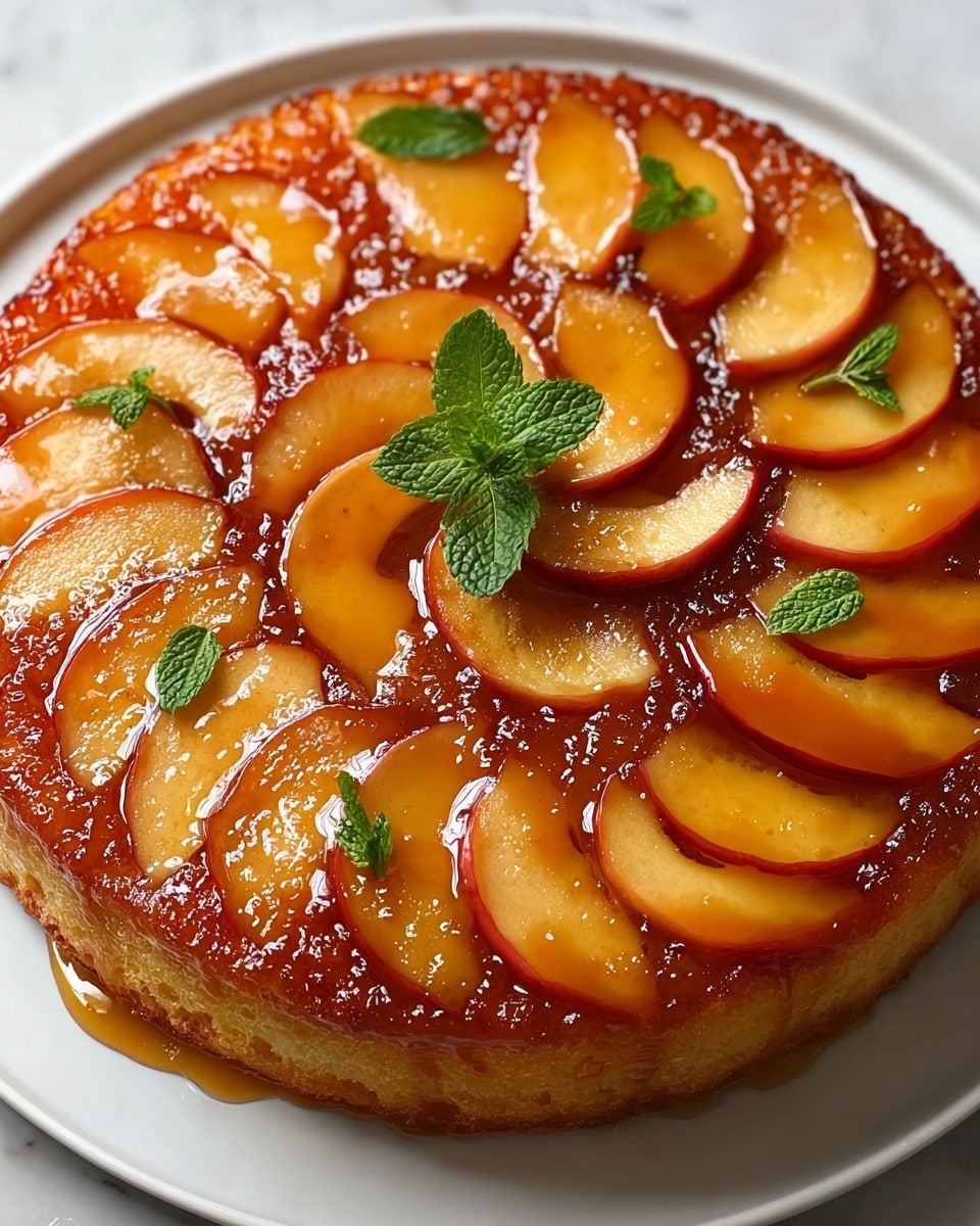 A round upside-down cake with a single layer, topped with glossy caramel and thin, curved apple slices arranged in a circle, their red and light yellow skin visible. The caramel glaze is shiny and slightly runs down the sides of the golden-brown cake. Small green mint leaves are scattered on the top, with a bigger mint sprig placed in the center. The cake sits on a plain white plate on a white marbled surface. Photo taken with an iphone --ar 4:5 --v 7