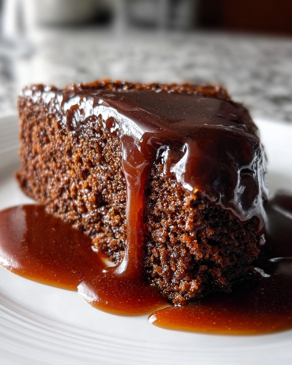 A close-up image of a single thick slice of dark brown cake with a moist, dense texture, sitting on a white plate. The cake has one main layer with a shiny, rich, dark caramel sauce generously poured over the top and dripping down the sides, pooling around the base of the slice. The background shows a blurred white marbled surface. Photo taken with an iphone --ar 4:5 --v 7