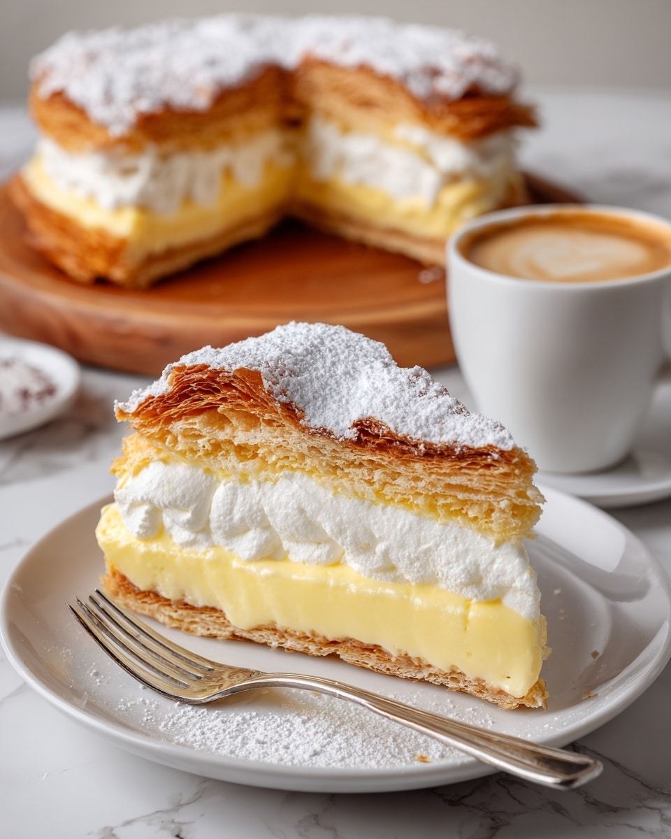 The image shows a slice of cream-filled pastry cake placed on a white plate with a silver fork sprinkled lightly with powdered sugar next to it. The slice has three main layers: a golden-brown flaky puff pastry top dusted with white powdered sugar, a thick middle layer of smooth white whipped cream, and a bottom layer of pale yellow custard cream sandwiched between another layer of flaky pastry. In the background, the rest of the round cake with a piece missing is visible sitting on a wooden board, along with a white cup filled with a creamy coffee drink. The scene sits on a white marbled surface. photo taken with an iphone --ar 4:5 --v 7