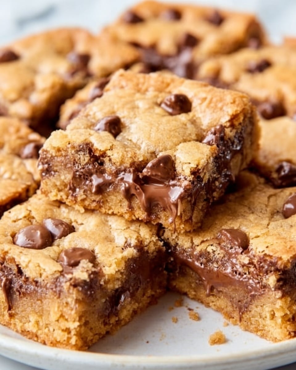 A close-up of a square layered dessert bar with three visible layers: the top layer is light brown with a crumbly texture, studded with dark chocolate chips; the middle layer is thick, gooey, and caramel-colored, oozing slightly; the bottom layer is dark brown, dense, and moist with melted chocolate pieces. The bar sits on white crinkled parchment paper on a white marbled surface. photo taken with an iphone --ar 4:5 --v 7
