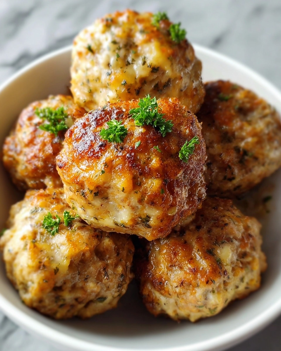 A close-up of a white bowl filled with six golden-brown baked meatballs that have a slightly crisp and textured surface with visible herbs and melted cheese spots, each topped with small green parsley pieces. The meatballs are arranged in a small pile, showing their juicy, seasoned texture. The bowl sits on a white marbled surface. photo taken with an iphone --ar 4:5 --v 7