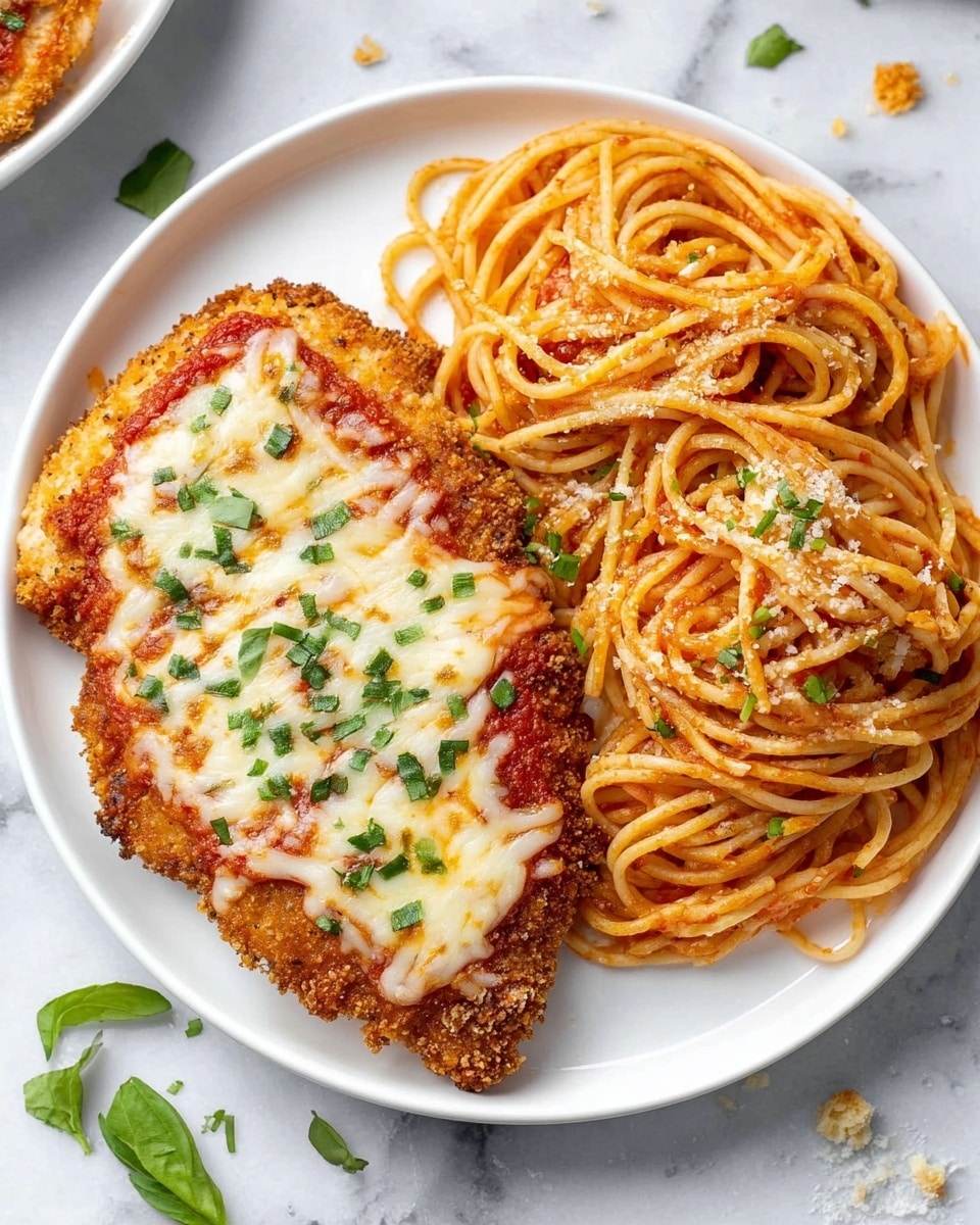 A white plate holds a serving of chicken parmesan and spaghetti. The chicken parmesan has three layers: a crispy golden brown breaded chicken base, a middle layer of bright red marinara sauce, and a top layer of melted creamy white cheese sprinkled with small green herb pieces. Next to it, the spaghetti is coated in red tomato sauce, tangled in neat loops, and garnished with small green herb bits and a light dusting of grated cheese. The plate sits on a white marbled surface with some scattered green leaves and crumbs around. Photo taken with an iphone --ar 4:5 --v 7