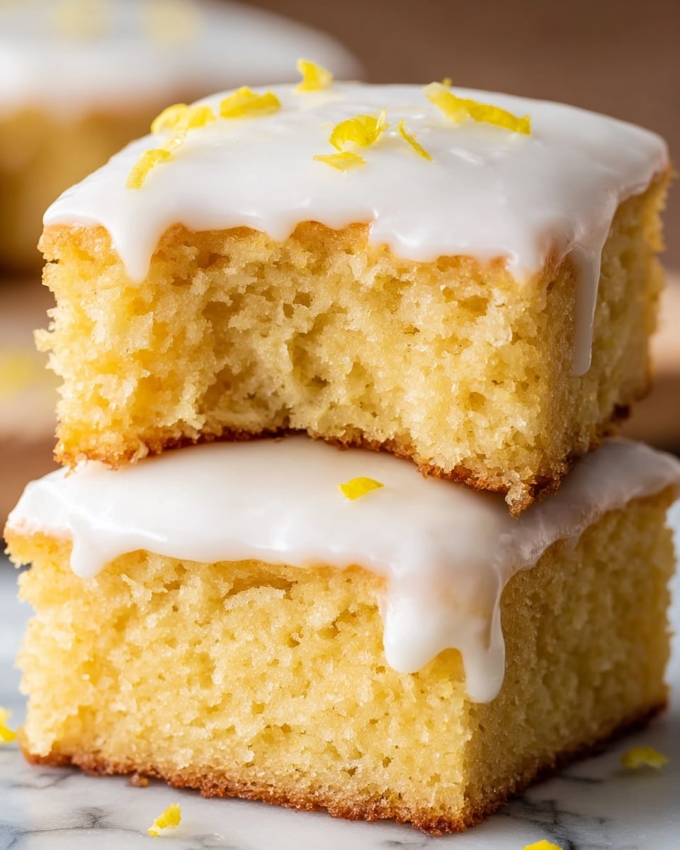 The image shows two square lemon cake pieces stacked on a white surface with a white marbled texture. Each cake piece has one thick yellow layer with a moist, crumbly texture. The top of each cake piece is covered in a smooth, white icing that drips slightly down the sides, and there are tiny yellow lemon zest pieces sprinkled on the icing. The top cake piece has a bite taken out, revealing the soft inside. Photo taken with an iphone --ar 4:5 --v 7
