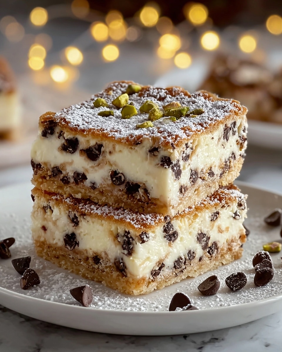 Two square dessert bars stacked on a white plate with a white marbled texture underneath. Each bar has three layers: a crumbly golden brown bottom crust, a thick creamy white middle layer filled with dark chocolate chips, and a golden brown top layer dusted with powdered sugar. The top bar is garnished with small green pistachio pieces and more chocolate chips scattered around the plate. Soft warm lights glow in the blurred background, adding a cozy feel. photo taken with an iphone --ar 4:5 --v 7