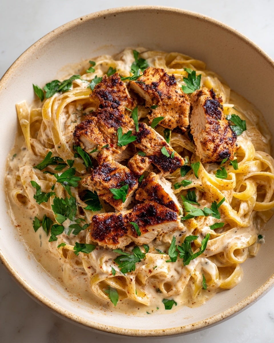 The dish shows a close-up of a plate filled with creamy fettuccine pasta as the base layer, light yellow in color and smooth in texture. On top, there are several pieces of golden-brown grilled chicken with a slightly charred surface, each covered with a light creamy sauce that has a smooth, shiny texture. Small bits of fresh green parsley are sprinkled on the chicken and sauce, adding a pop of color. The plate is white and the dish is set against a white marbled surface. photo taken with an iphone --ar 4:5 --v 7