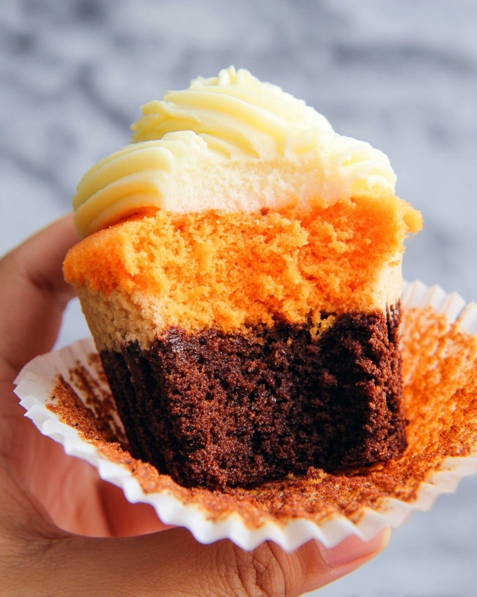 A close-up image of two layered cupcakes held by a woman's hand. The top cupcake has two layers: a dark brown chocolate bottom layer and a bright orange top layer with a moist, spongy texture. It is topped with a swirl of smooth white frosting. The bottom cupcake is shown without frosting, revealing its two layers as well: the same dark brown chocolate layer on bottom and bright orange cake on top, with the white cupcake liner partially peeled away. The background is a white marbled texture. Photo taken with an iphone --ar 4:5 --v 7