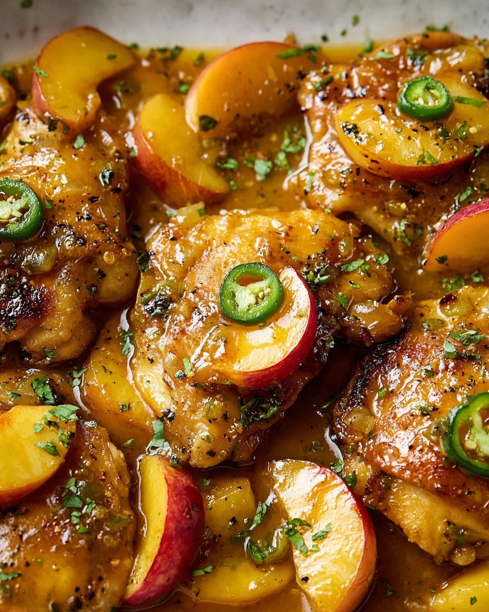 Close-up view of golden-brown chicken pieces covered in a shiny, thick sauce with a warm orange hue. Each piece of chicken is topped with red-skinned peach slices and thin green jalapeño rounds. Small flecks of green herbs are sprinkled all over, adding a fresh touch. The sauce pools around the chicken, with peach and jalapeño pieces resting in it. The dish sits on a white marbled surface, showing a rich, juicy texture on all layers. Photo taken with an iphone --ar 4:5 --v 7