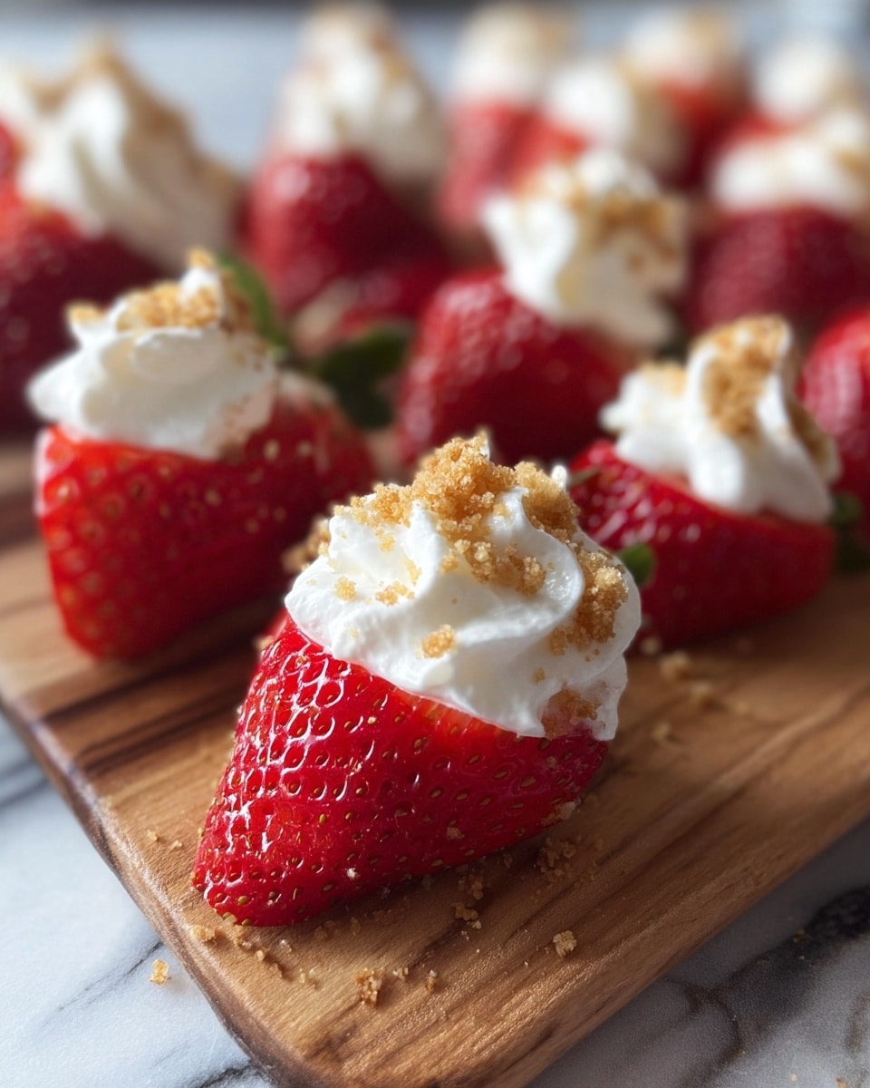 The image shows a close-up of several halved strawberries arranged on a wooden board, each topped with a dollop of white whipped cream that has a smooth and swirled texture. The whipped cream is sprinkled with small light brown crumbs, adding a crumbly texture on top. The strawberries are bright red with visible seeds and a juicy, glossy surface, lying flat with the cut side facing up. More strawberry halves with the same toppings are visible blurred in the background, all placed on the wooden board set against a white marbled texture. photo taken with an iphone --ar 4:5 --v 7