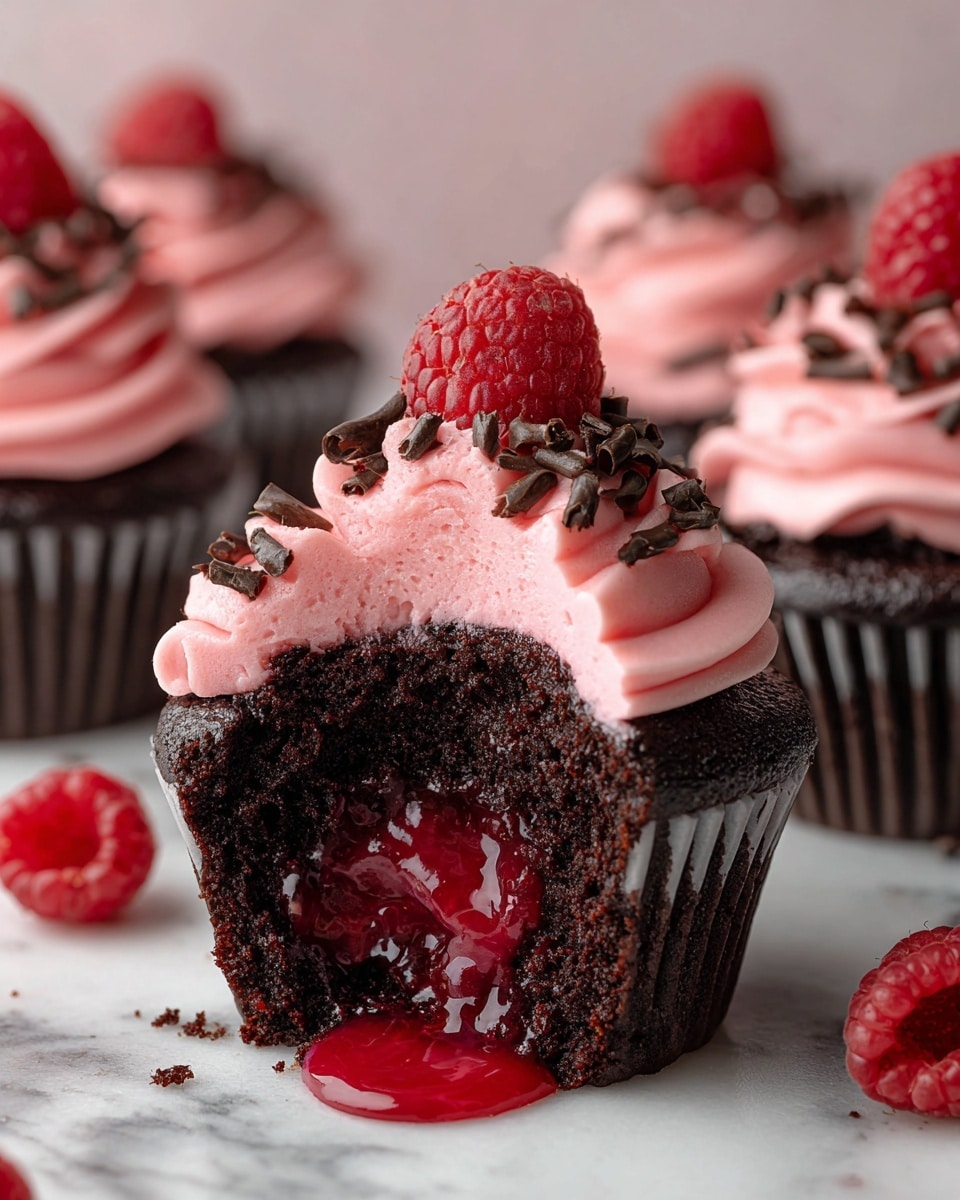 A rich dark chocolate cupcake is cut in half to reveal a glossy, deep red raspberry filling that drips out onto the white marbled surface below. The cupcake has one base layer of dark, moist chocolate cake topped with a thick swirl of smooth pink frosting decorated with scattered dark chocolate shavings. Other cupcakes in the background show a similar look with pink frosting swirls crowned with fresh raspberries. The scene captures a close-up view, focusing on the textures and vibrant colors of the cake, frosting, and filling. Photo taken with an iphone --ar 4:5 --v 7